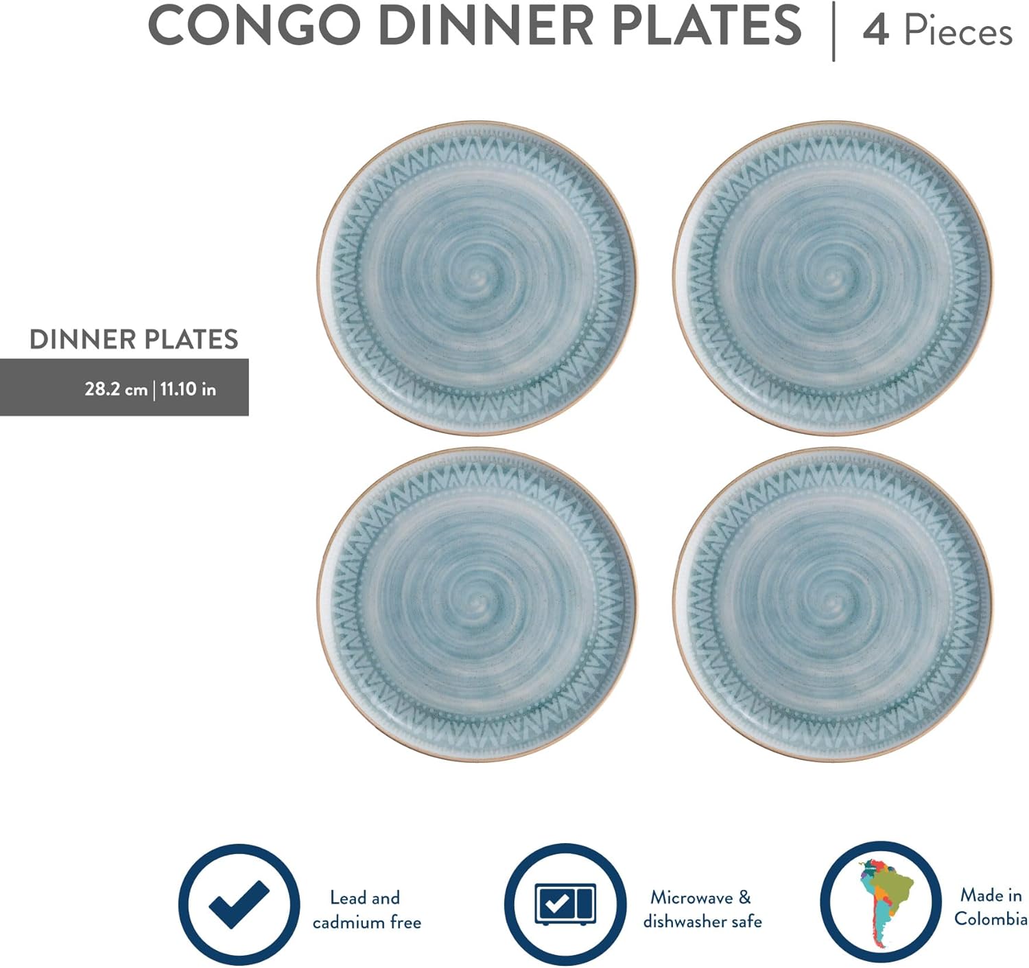 Corona – Juego de 4 platos llanos de cerámica, aptos para microondas y lavavajillas, vajilla rústica moderna, para servir la cocina, pintados a