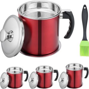 Recipiente de grasa de tocino de 1.3 L 44 onzas con colador, lata roja para almacenamiento de grasa, recogedor de almacenamiento de aceite para Recipiente de grasa de tocino de 1.3 L 44 onzas con colador, lata roja para almacenamiento de grasa, recogedor de almacenamiento de aceite para