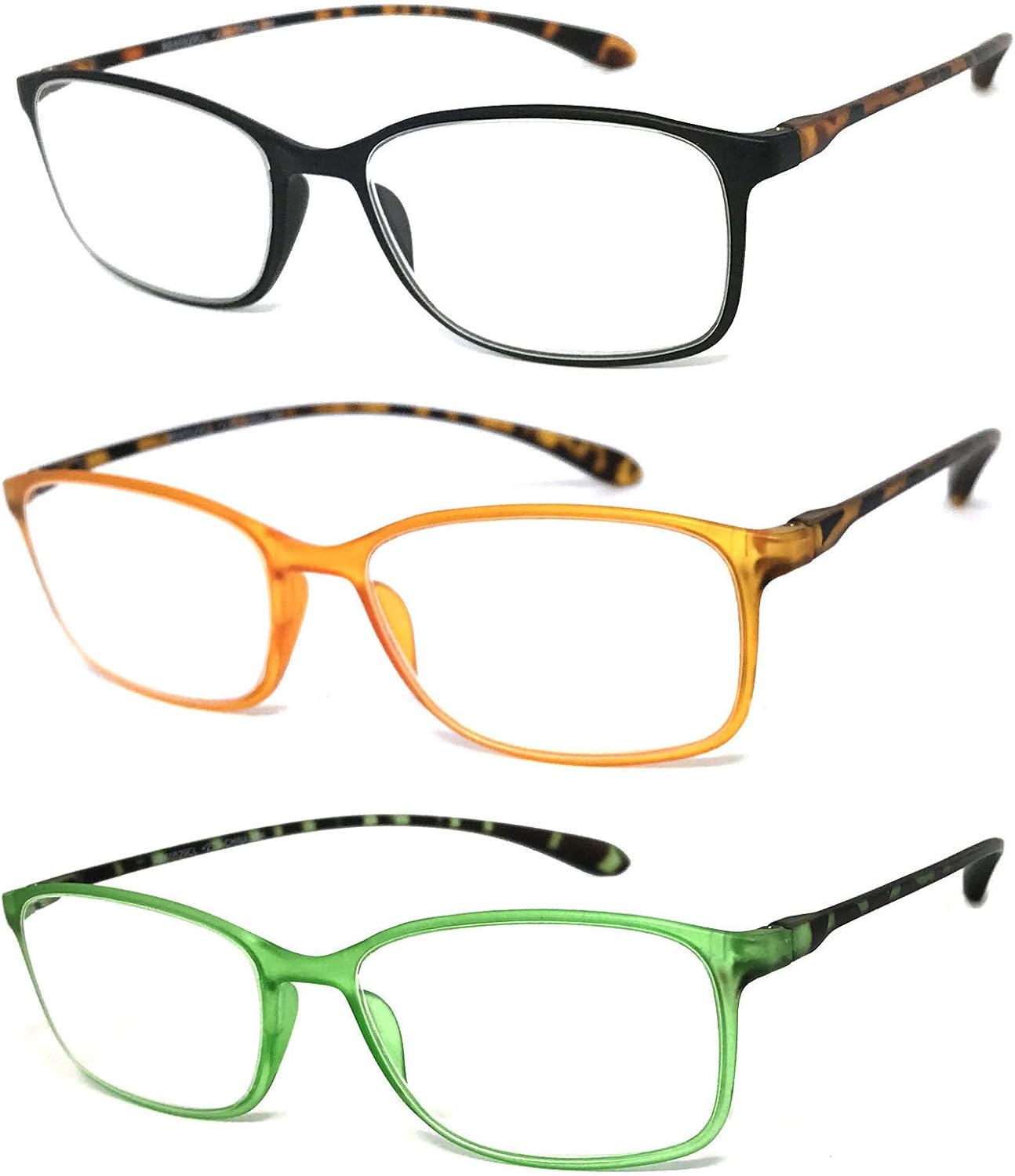 Gafas de lectura rectangulares para hombre y mujer, con montura delgada colorida (3 pares, negronaranjaverde, +2.00)