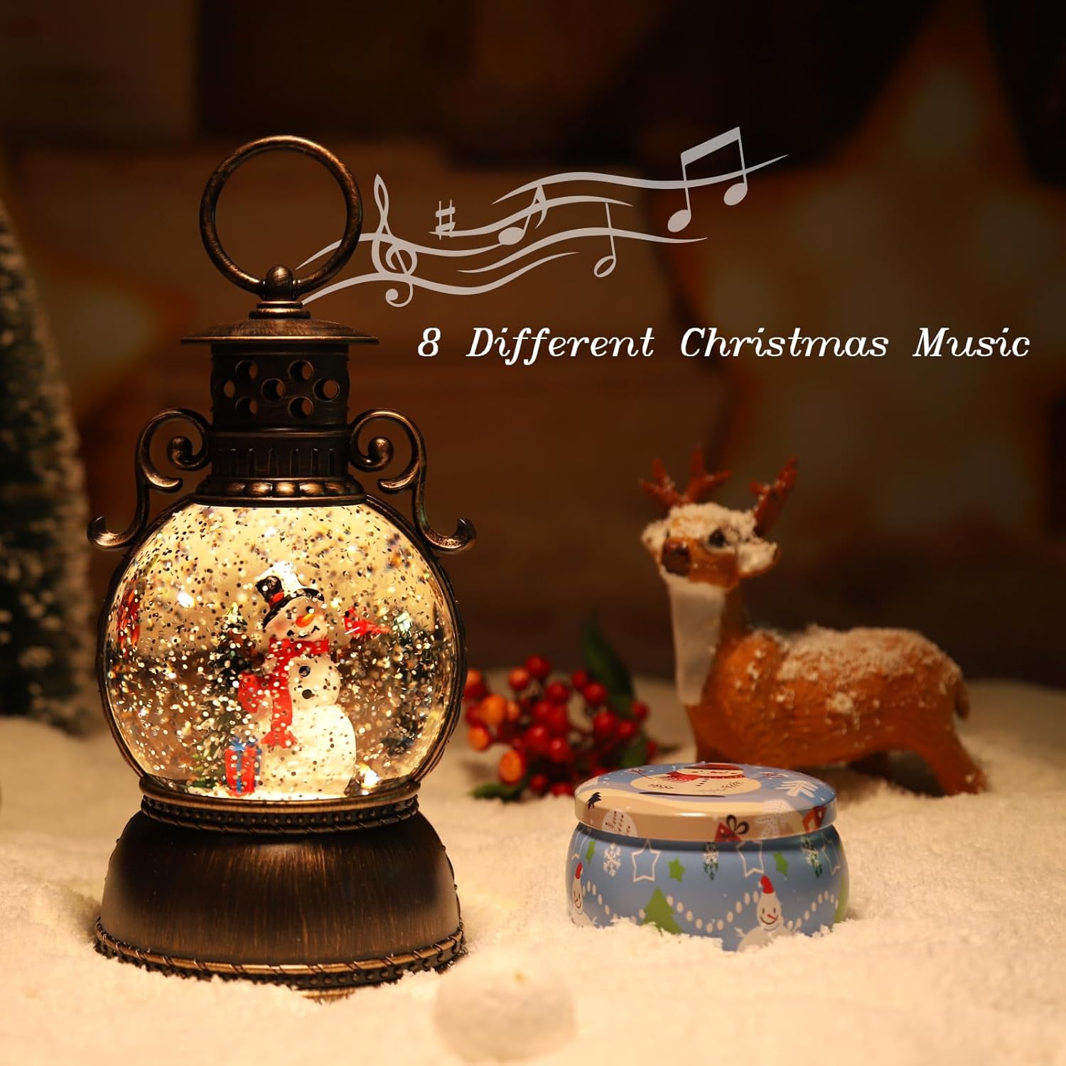 Globos de nieve de Navidad, caja de música de Navidad brillante, árbol de Navidad con 8 canciones, funciona con USB y funciona con pilas, faroles de