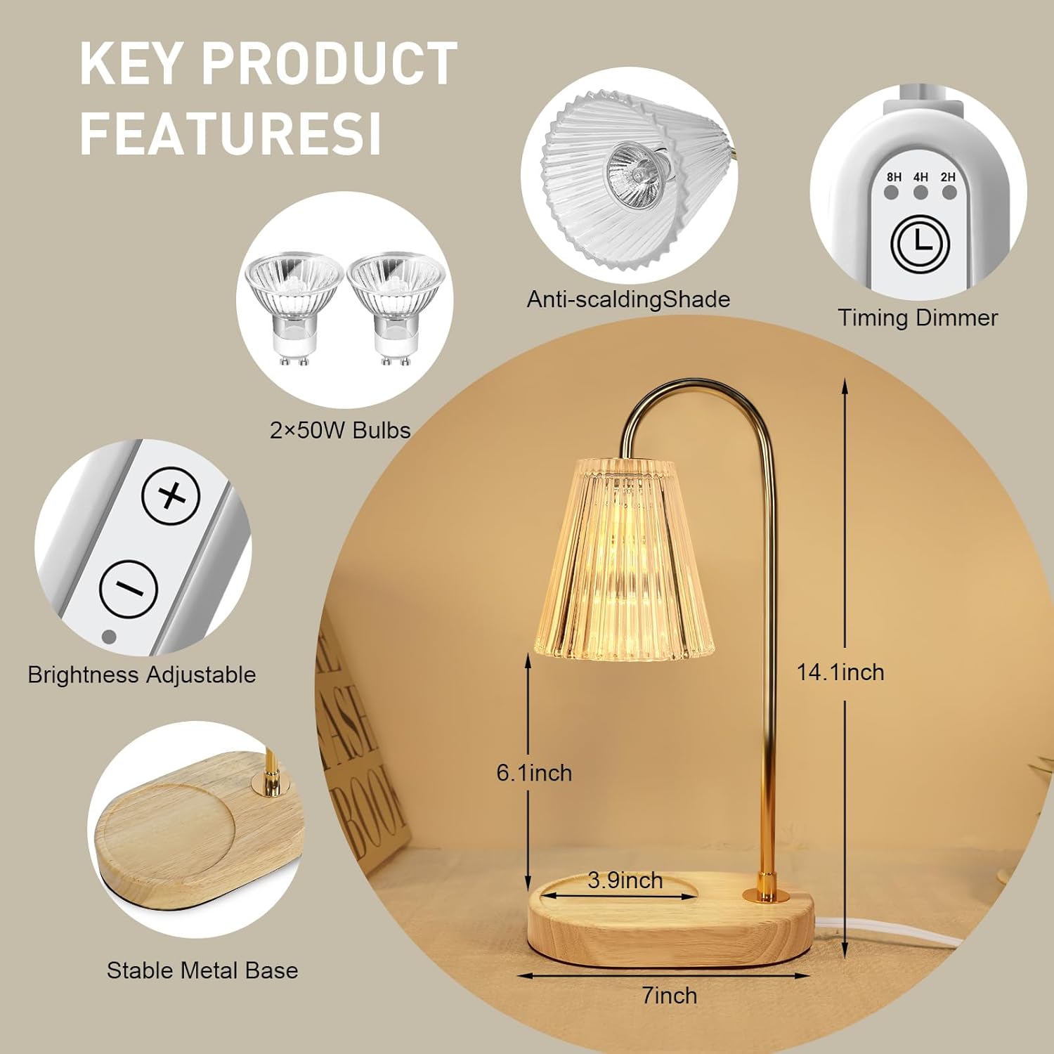 Lámpara calentadora de velas eléctrica con fragancia con 2 bombillas, temporizador y regulador de intensidad de 4 niveles, compatible con todas las