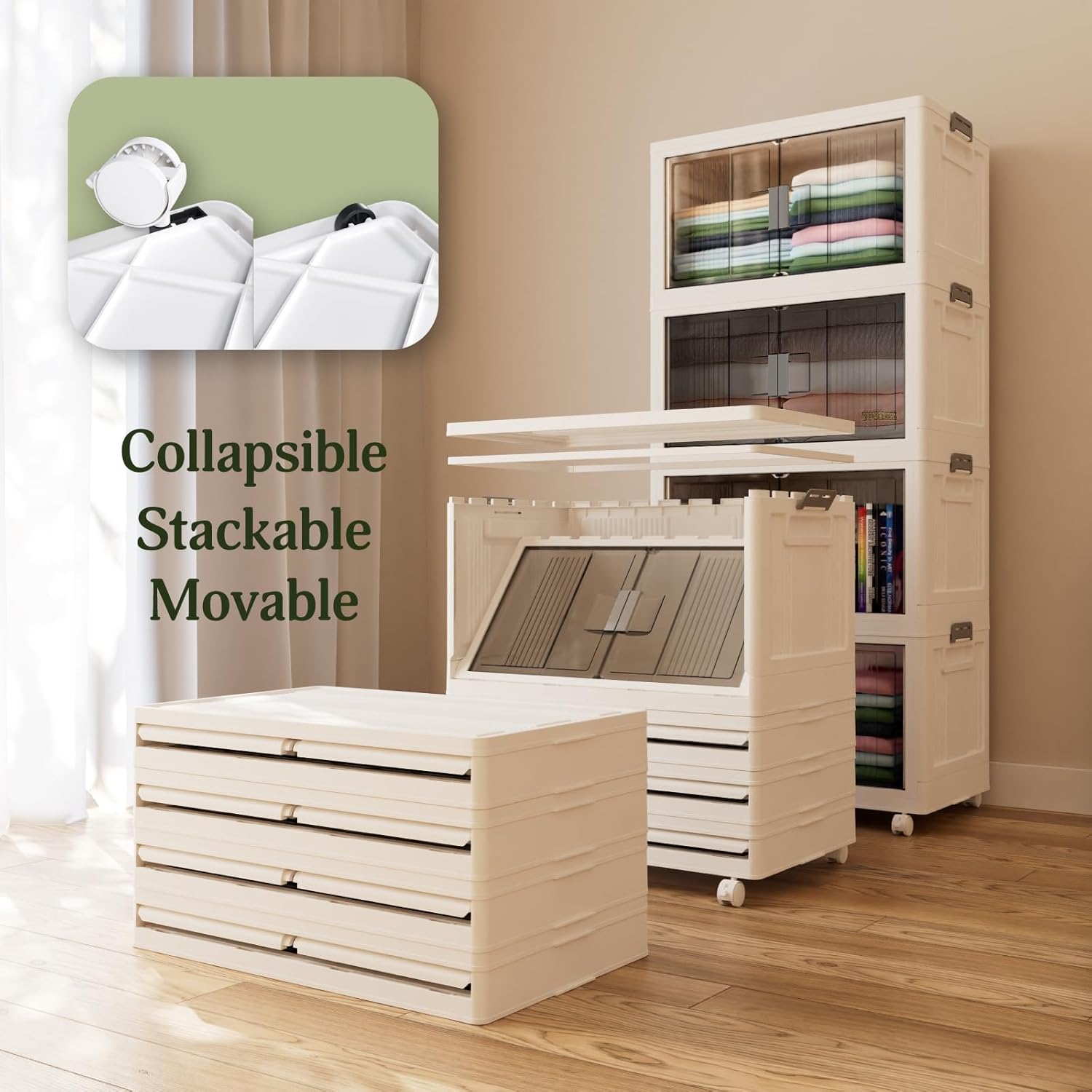 OlarHike Contenedores de almacenamiento de 76 cuartos de galón con tapas, caja de almacenamiento plegable con puertas y ruedas, contenedores de