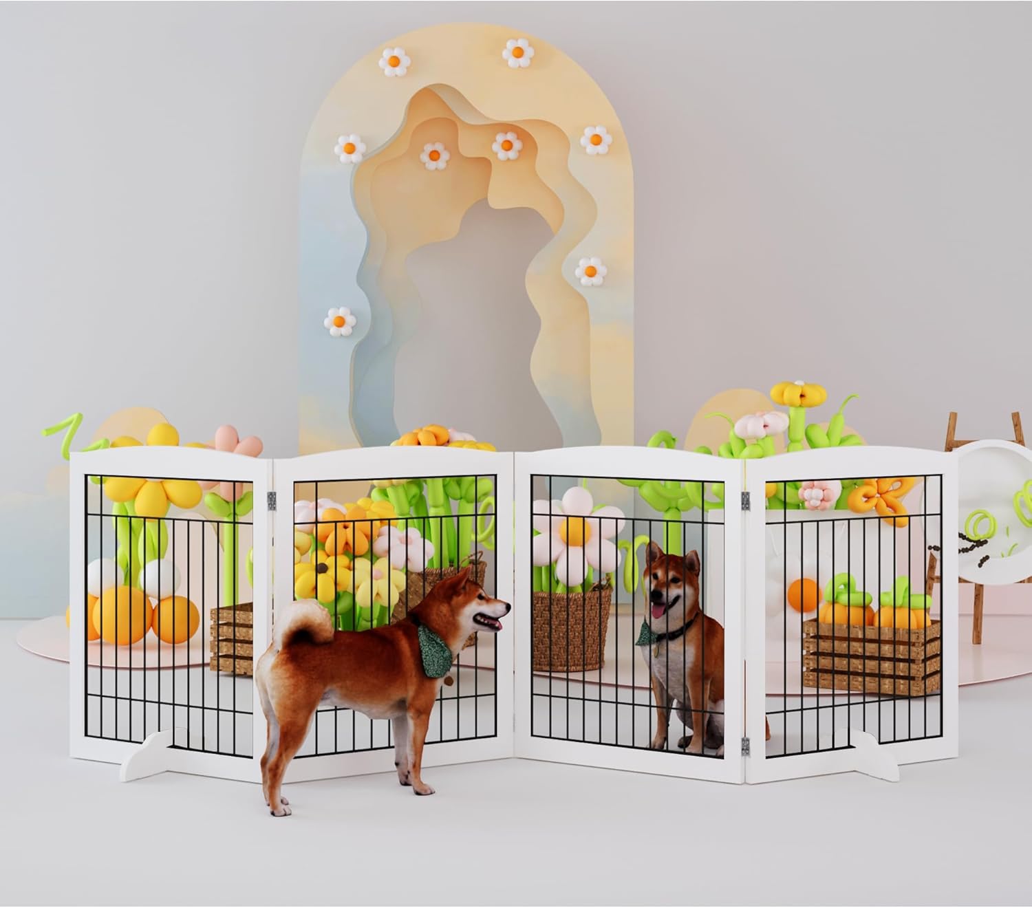 4NM Puerta plegable de madera para perros de 96 pulgadas extra ancha y 30 pulgadas de alto, puerta de alambre independiente para mascotas, puerta de
