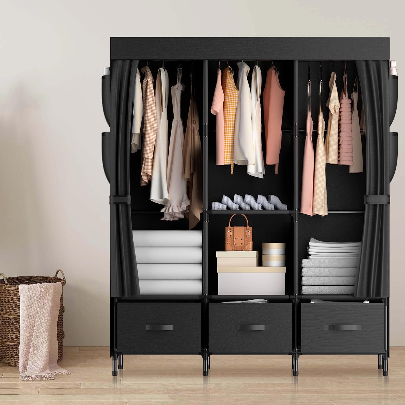 LOEFME Armario portátil, armario para colgar ropa con 3 cajones y varillas para colgar, armarios portátiles de 47 x 15.7 x 67 pulgadas para