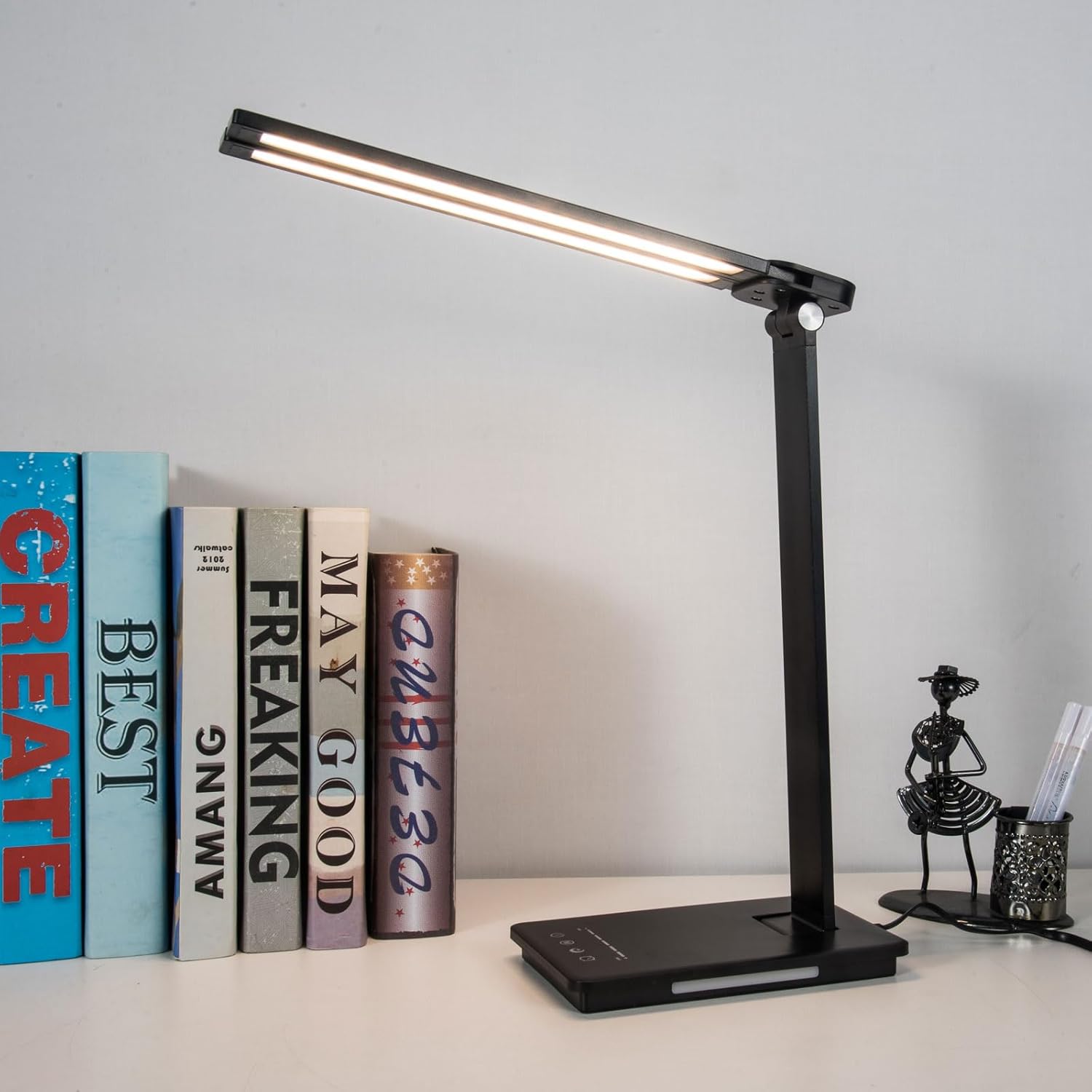 Lámpara de escritorio LED de doble brazo oscilante, regulable, lámpara de mesa plegable ajustable con puerto de carga USB, lámpara de tareas de