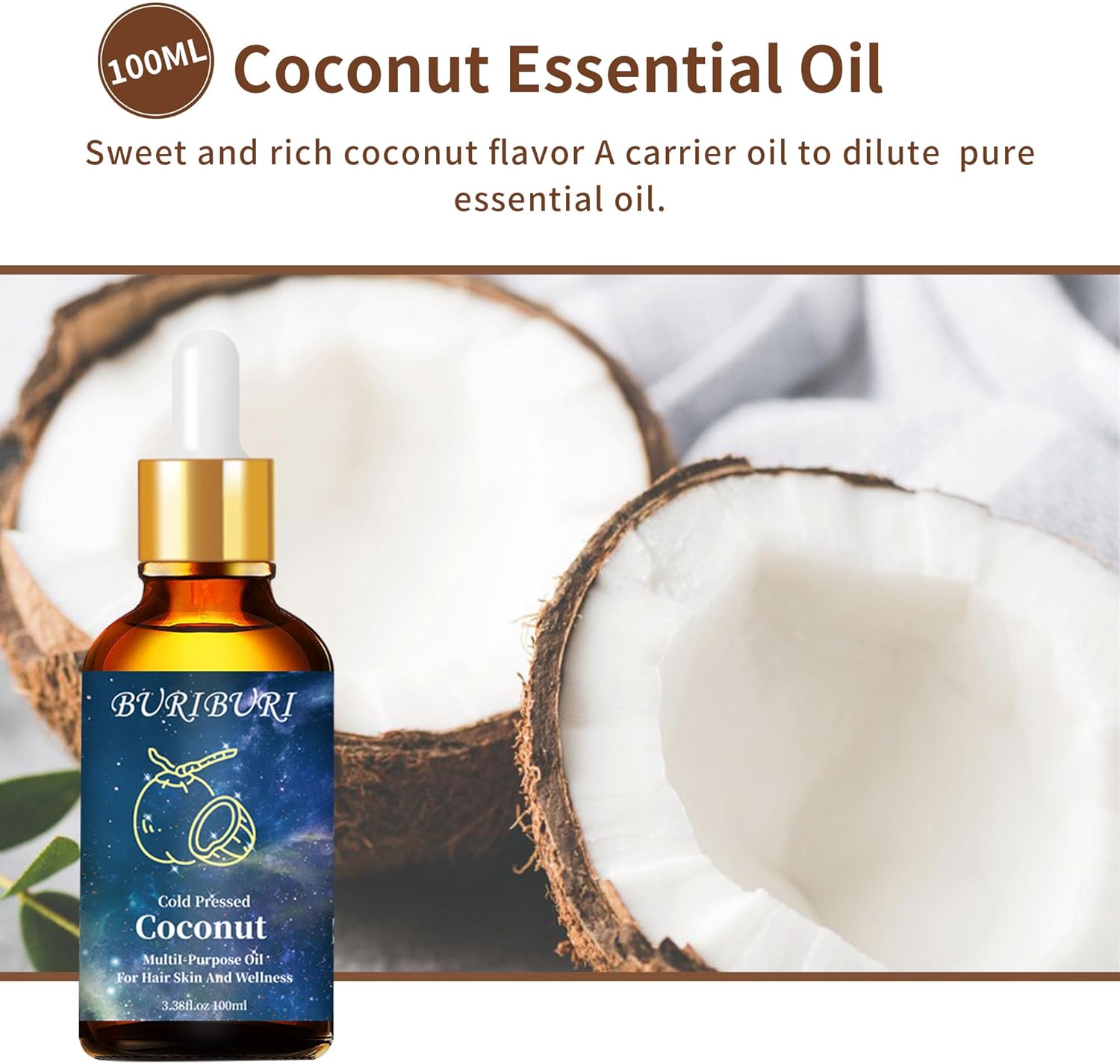 BURIBURI Aceite esencial de coco de 3.4 fl oz, aceite perfumado de grado prémium para difusores, masajes, fabricación de jabón