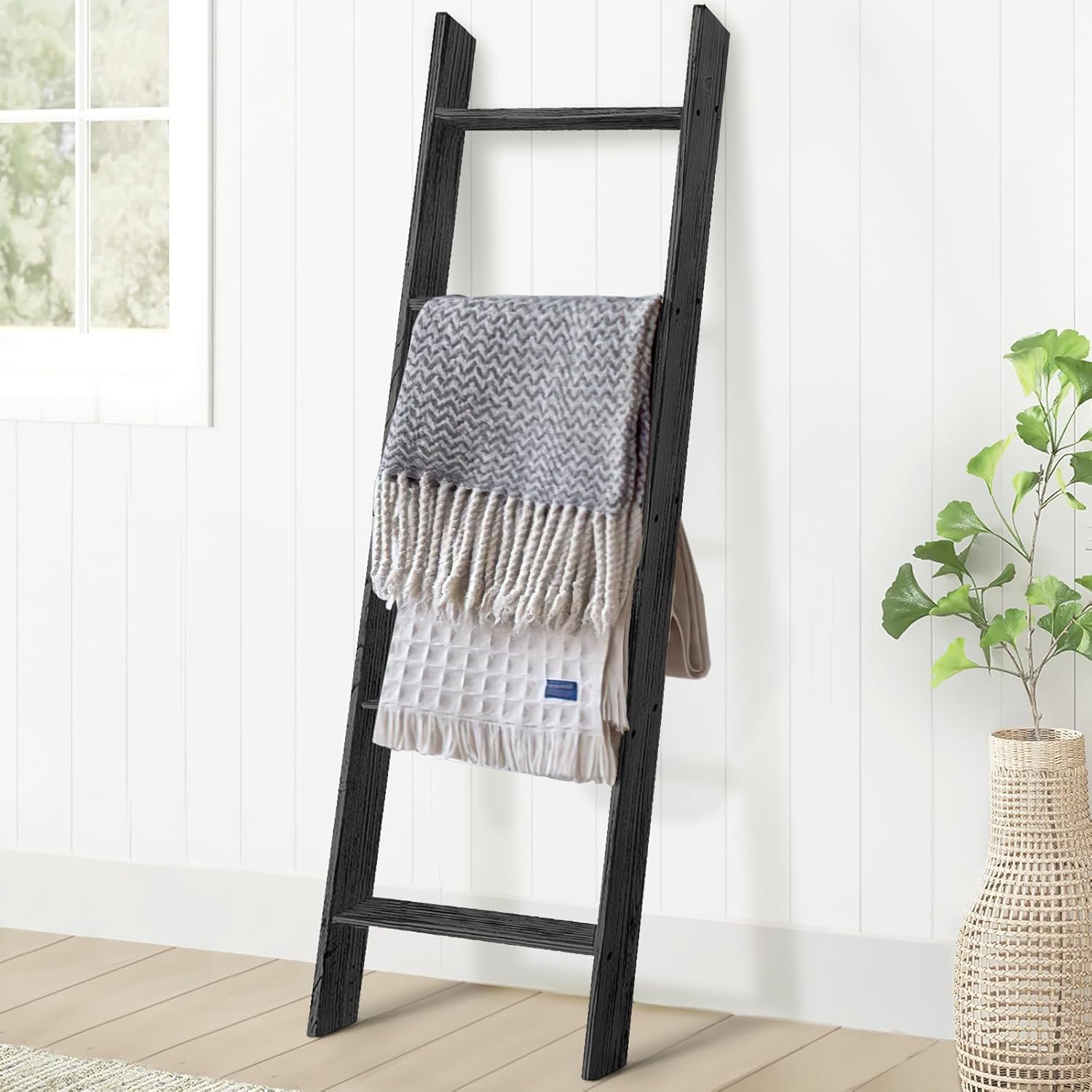 TEAKMAMA Escalera para mantas de 4.5 pies, soporte decorativo para mantas de granja, escaleras de manta de pared para sala de estar, fácil de