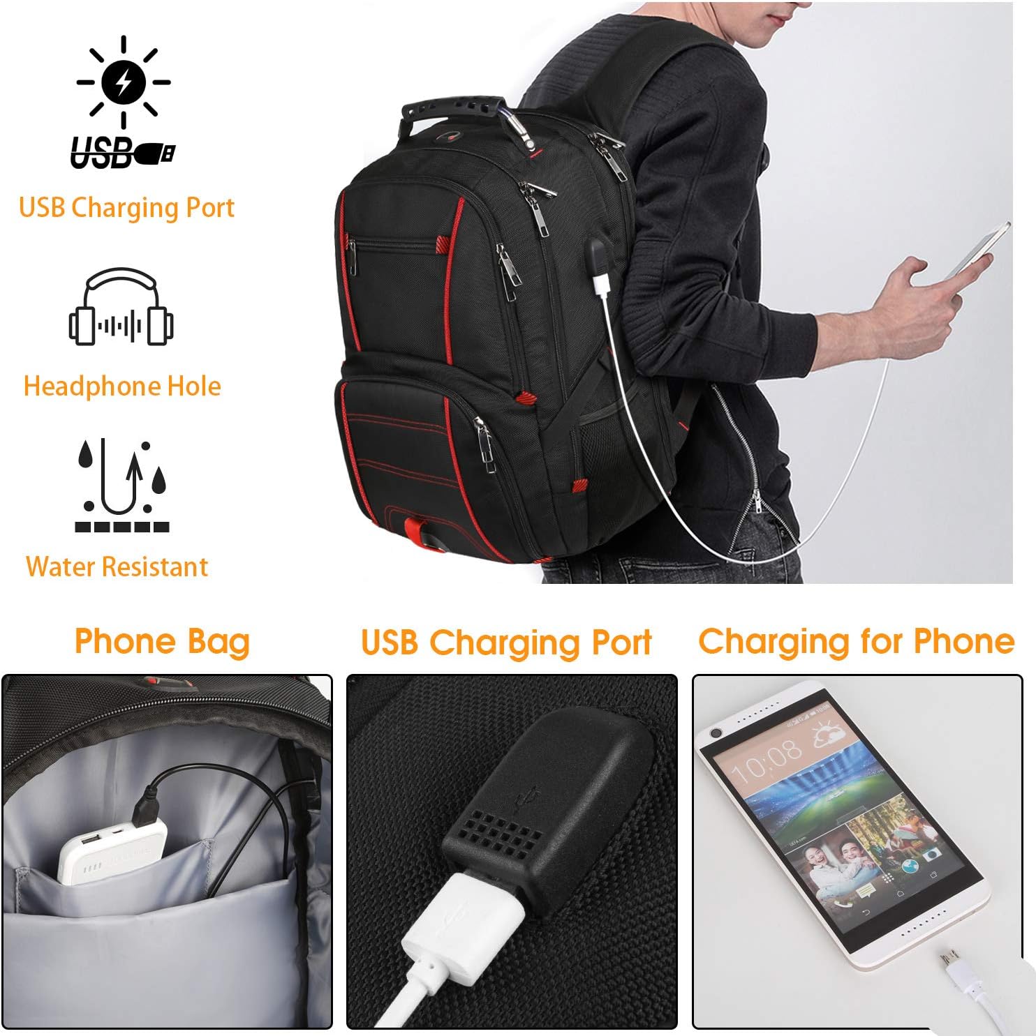 Mochila de viaje para laptop, mochila extra grande para hombres y mujeres con puerto de carga USB, compatible con la TSA y resistente mochila para