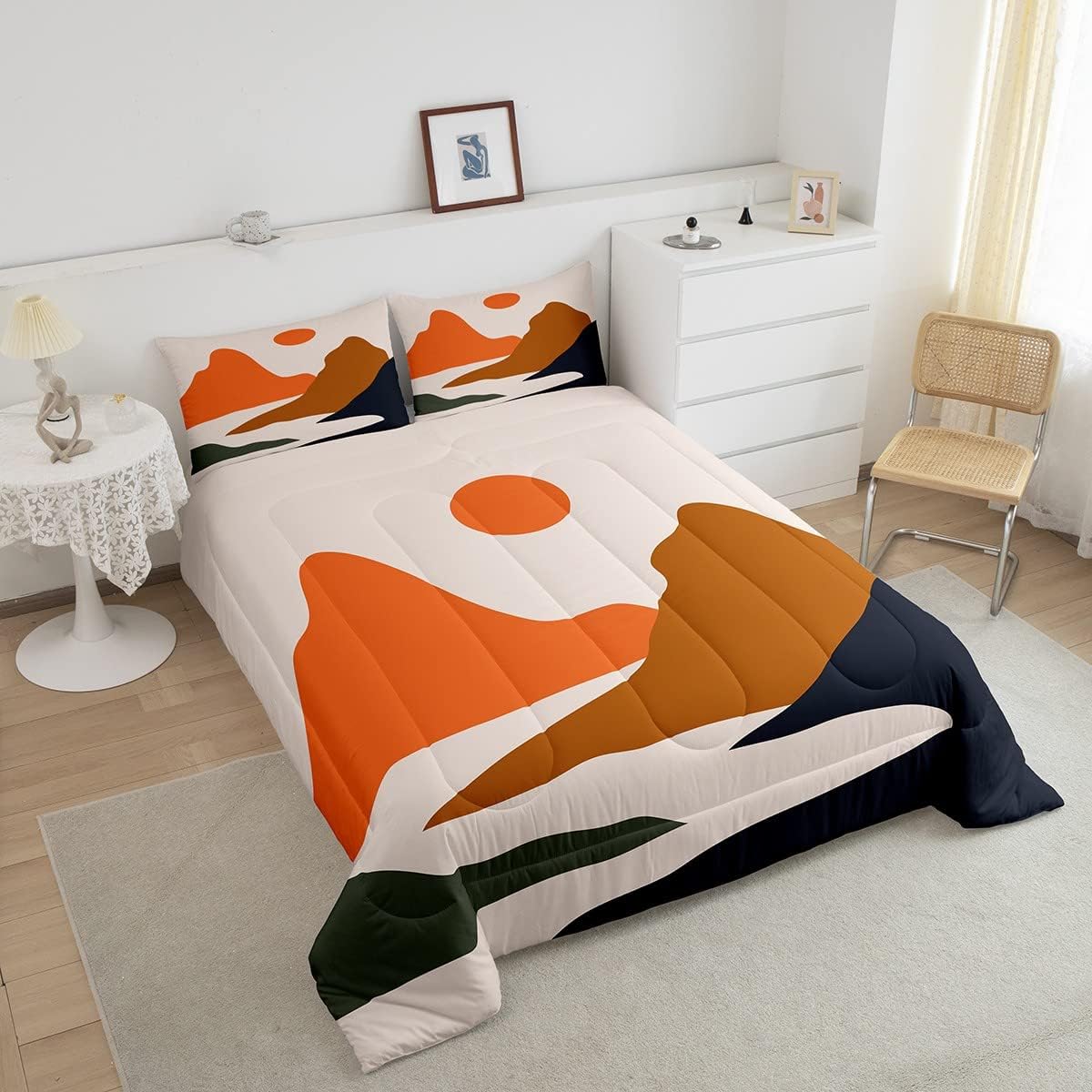 Erosebridal Juego de edredón de estilo japonés, juego de ropa de cama bohemio vintage de paisaje de montaña para mujeres y hombres, juego de edredón