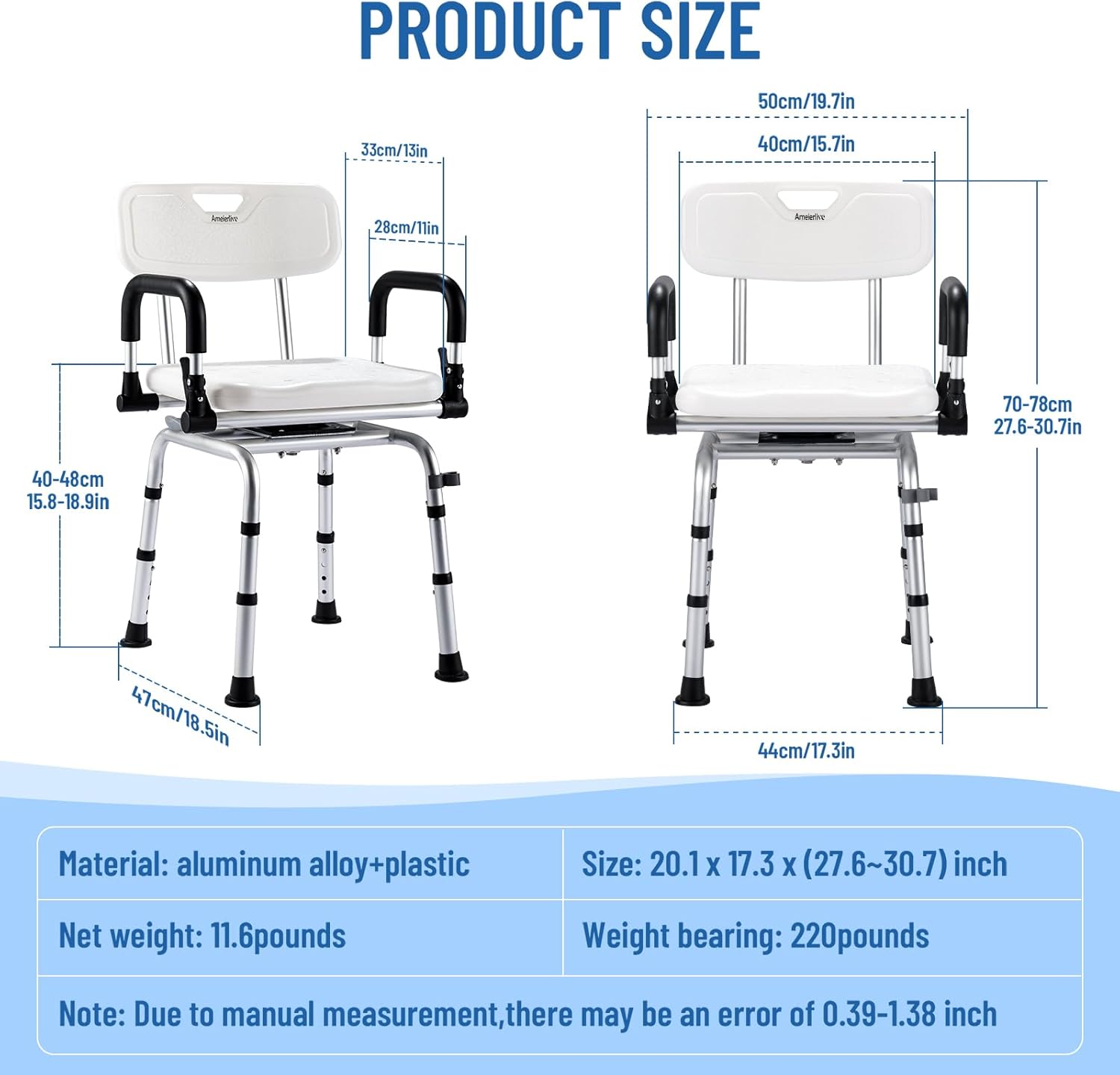 Ameierlive – Silla de ducha con reposabrazos y respaldo para ducha interior, asientos de baño con rotación de 360 para ancianos, discapacitados,