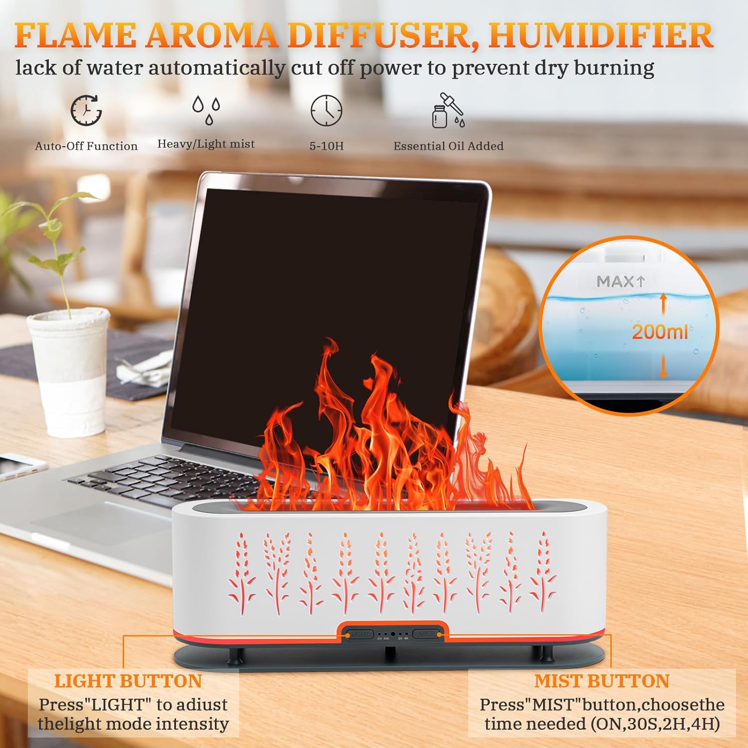 Flame Air Difusor de aroma Humidificador de 7 colores de llama, difusor de aromaterapia de aceite esencial de 6.8 fl oz con 2 modos de niebla, 4