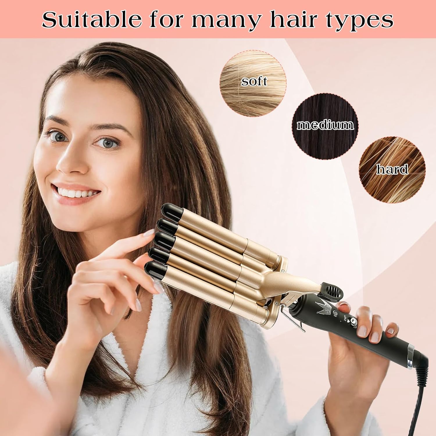 Rizador de pelo, rizador de 5 barriles de cerámica, barriles de turmalina, rizador de pelo, rizador portátil ajustable de temperatura de