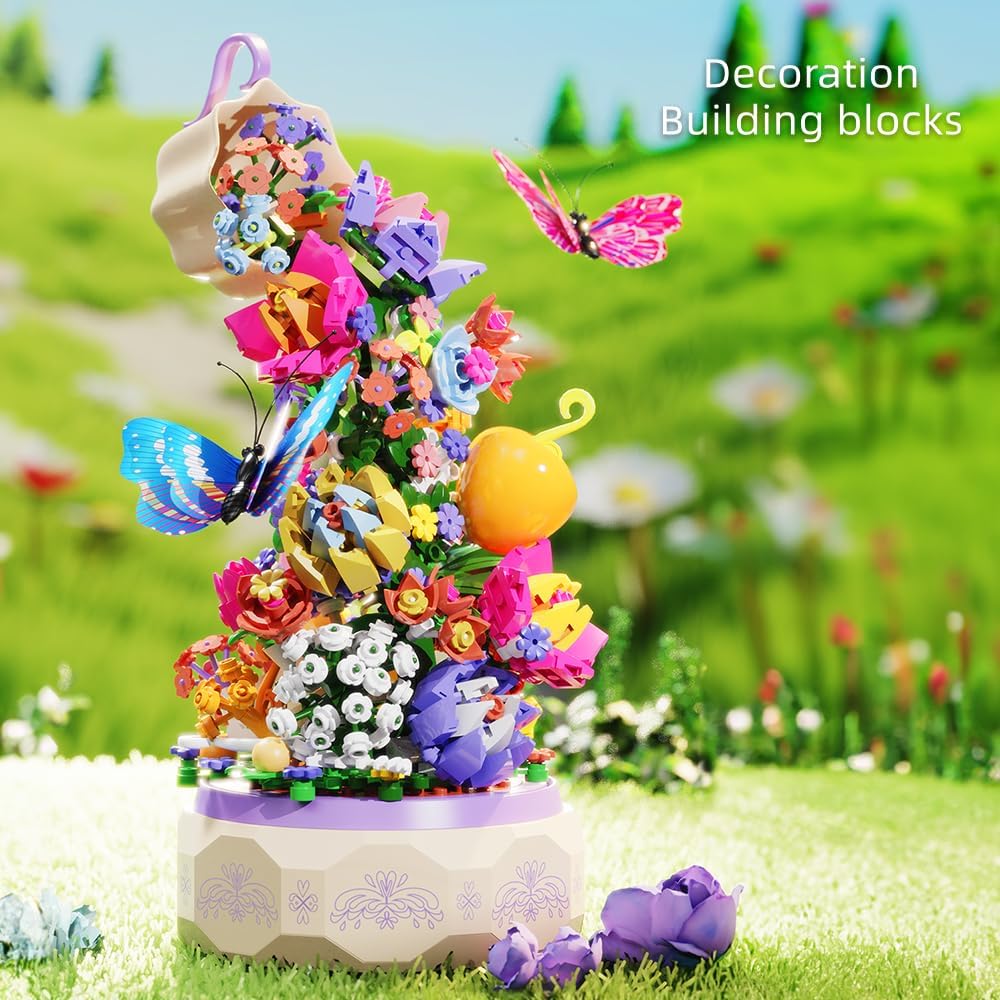 Mesiondy Juego de flores de construcción, caja giratoria de música de flores, con luz, con mariposas, regalo de cumpleaños, kits de construcción de