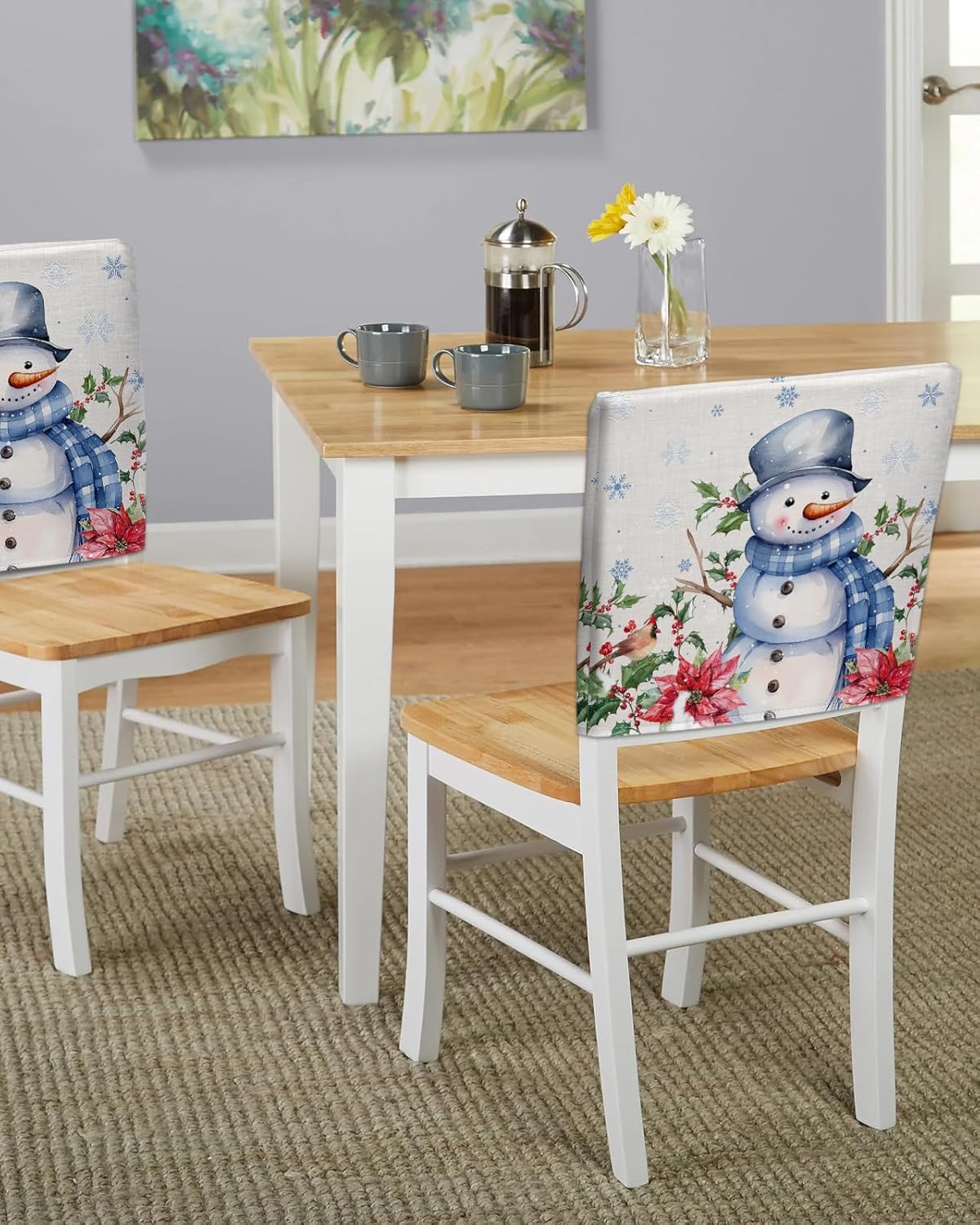 Paquete de 4 fundas de respaldo de silla de Navidad con muñeco de nieve azul para sillas de comedor, fundas extraíbles lavables para silla de