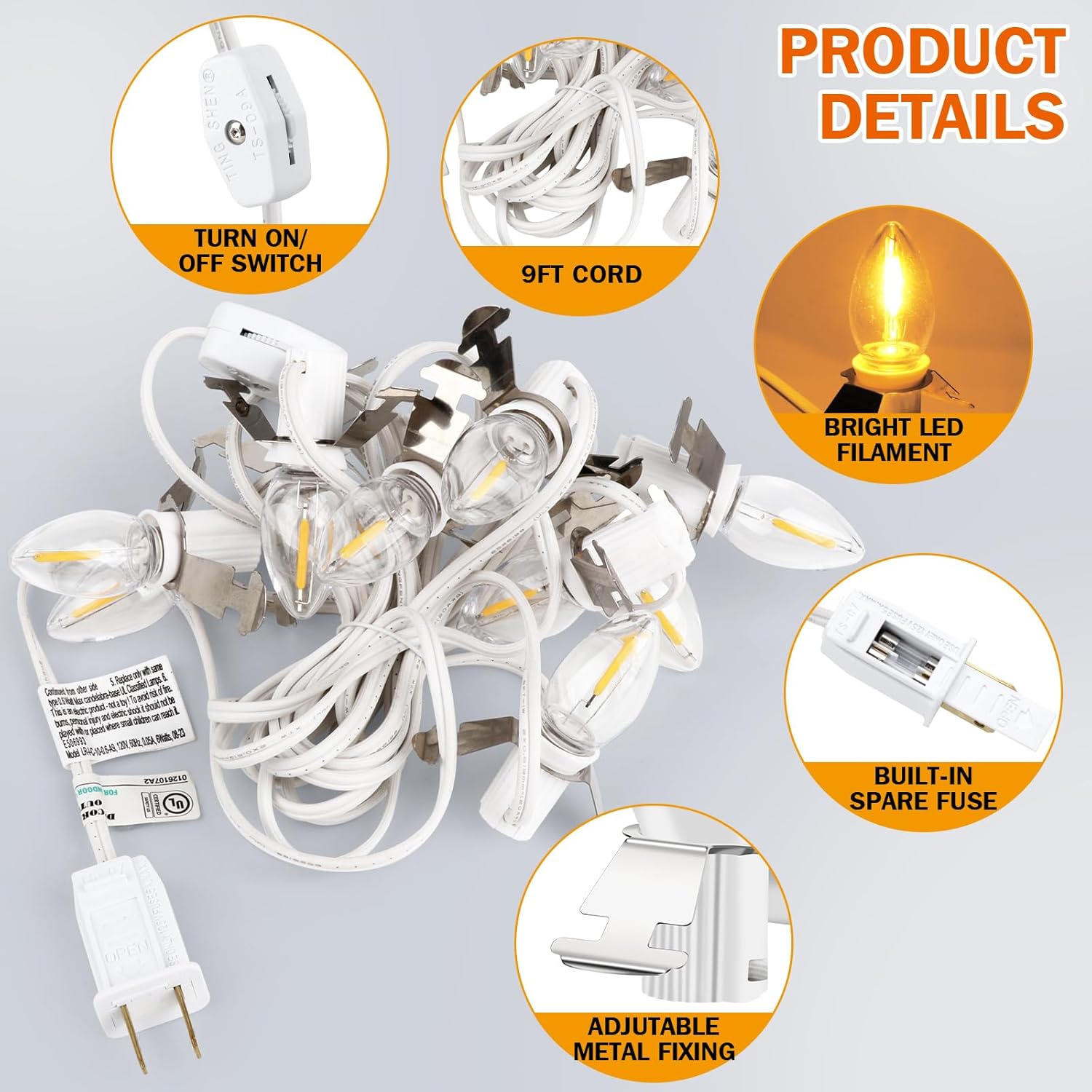 Luces de pueblo de Navidad con 10 bombillas LED de color blanco cálido, decoración para casas de pueblo de Navidad, cable de luz C7