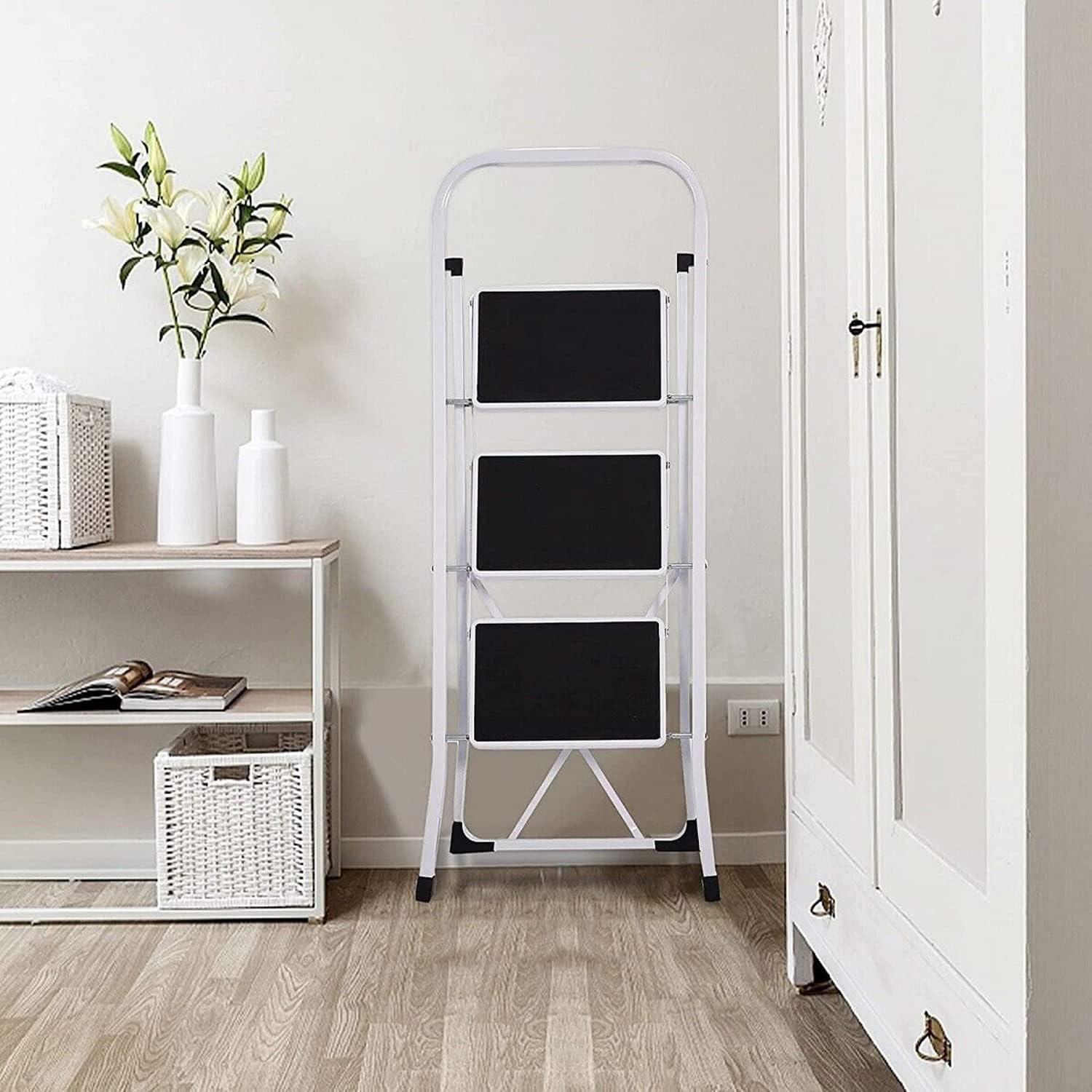 Escalera de acero de 3 escalones con mango plegable con pedal antideslizante ancho de 330 libras, taburete resistente para adultos, multiusos para
