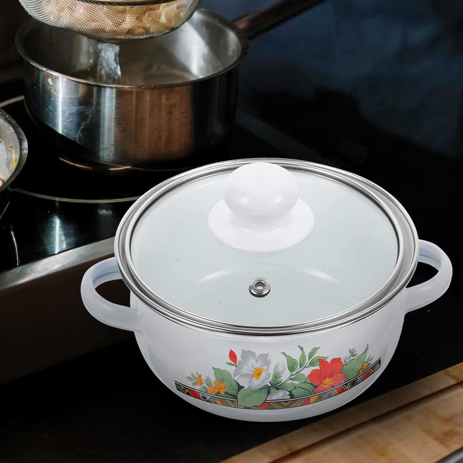 UPKOCH Olla de cocina esmaltada con tapa, olla de cocina retro antiadherente, olla de sopa floral a fuego lento para inducción, olla de pasta para