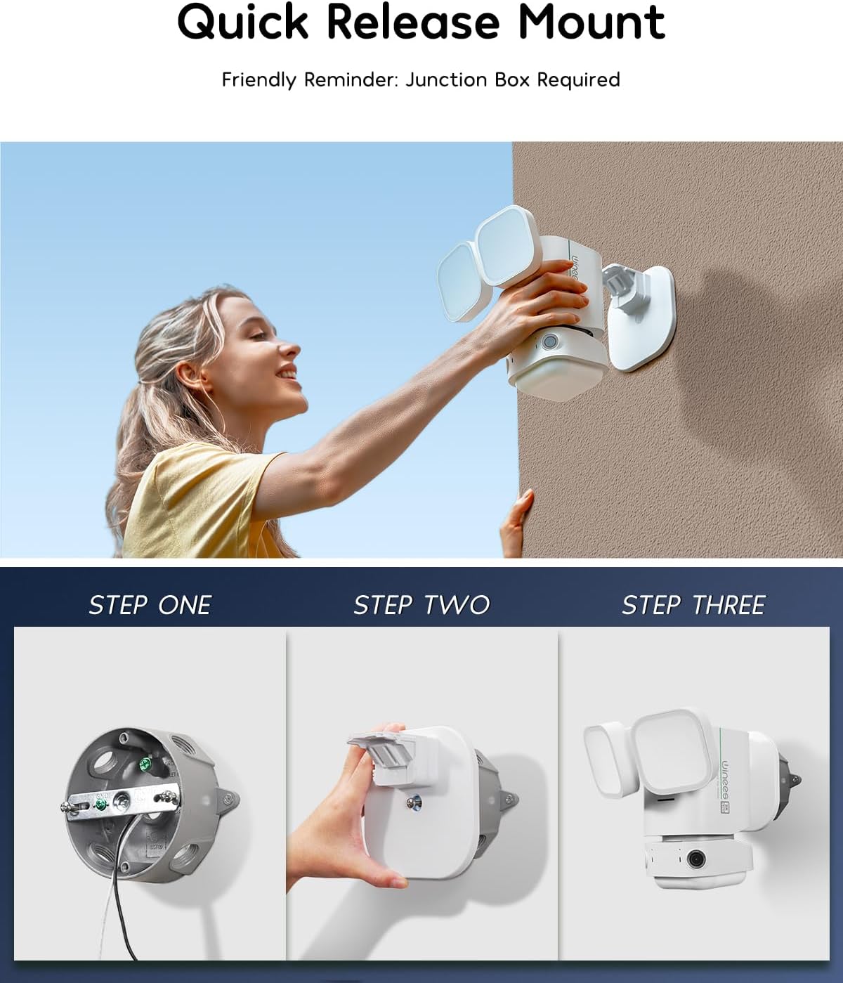 winees Cámara de seguridad con reflector, cámara de seguridad inteligente con cable 2K QHD IP65 para exteriores, visión nocturna a color, FOV de 180