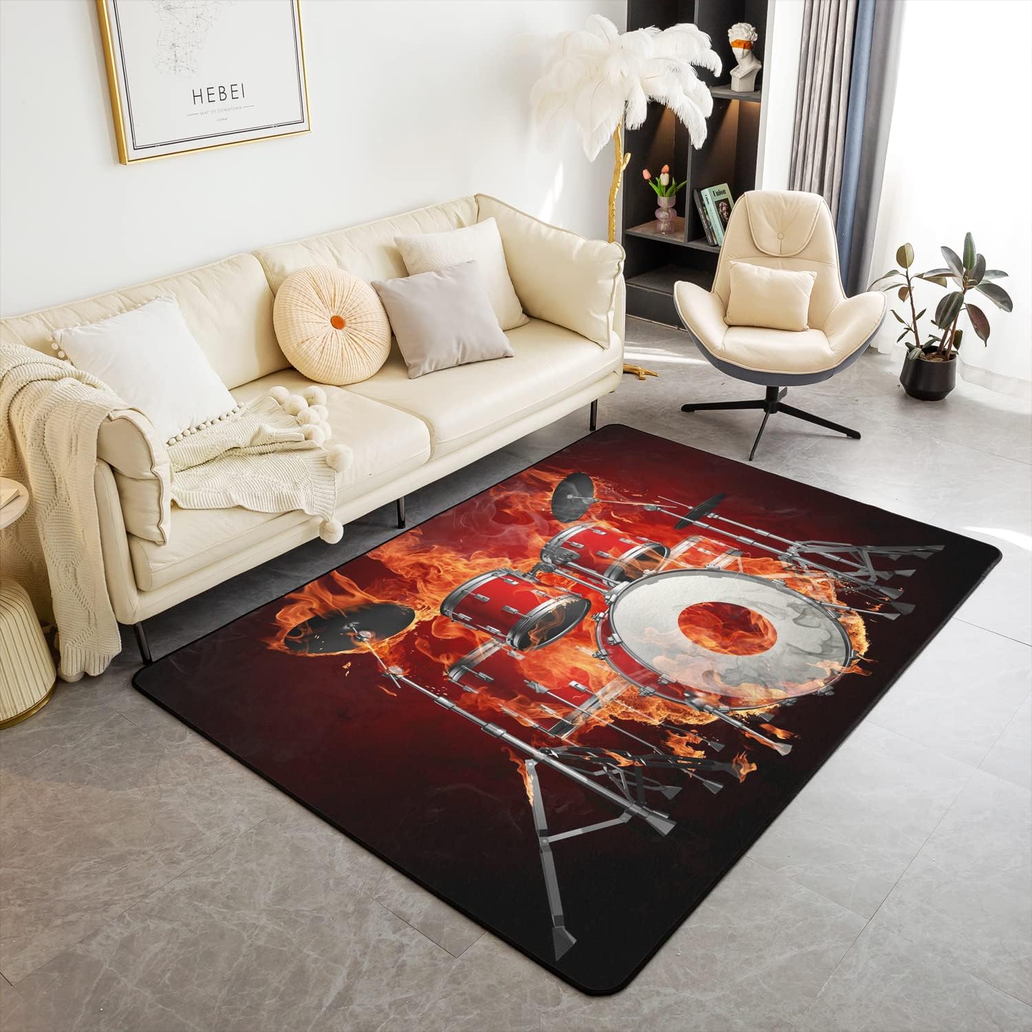 jejeloiu Kit de batería de 5 x 7 pies, alfombra decorativa con temática de música rock para niños, alfombra de instrumentos musicales fuertes para