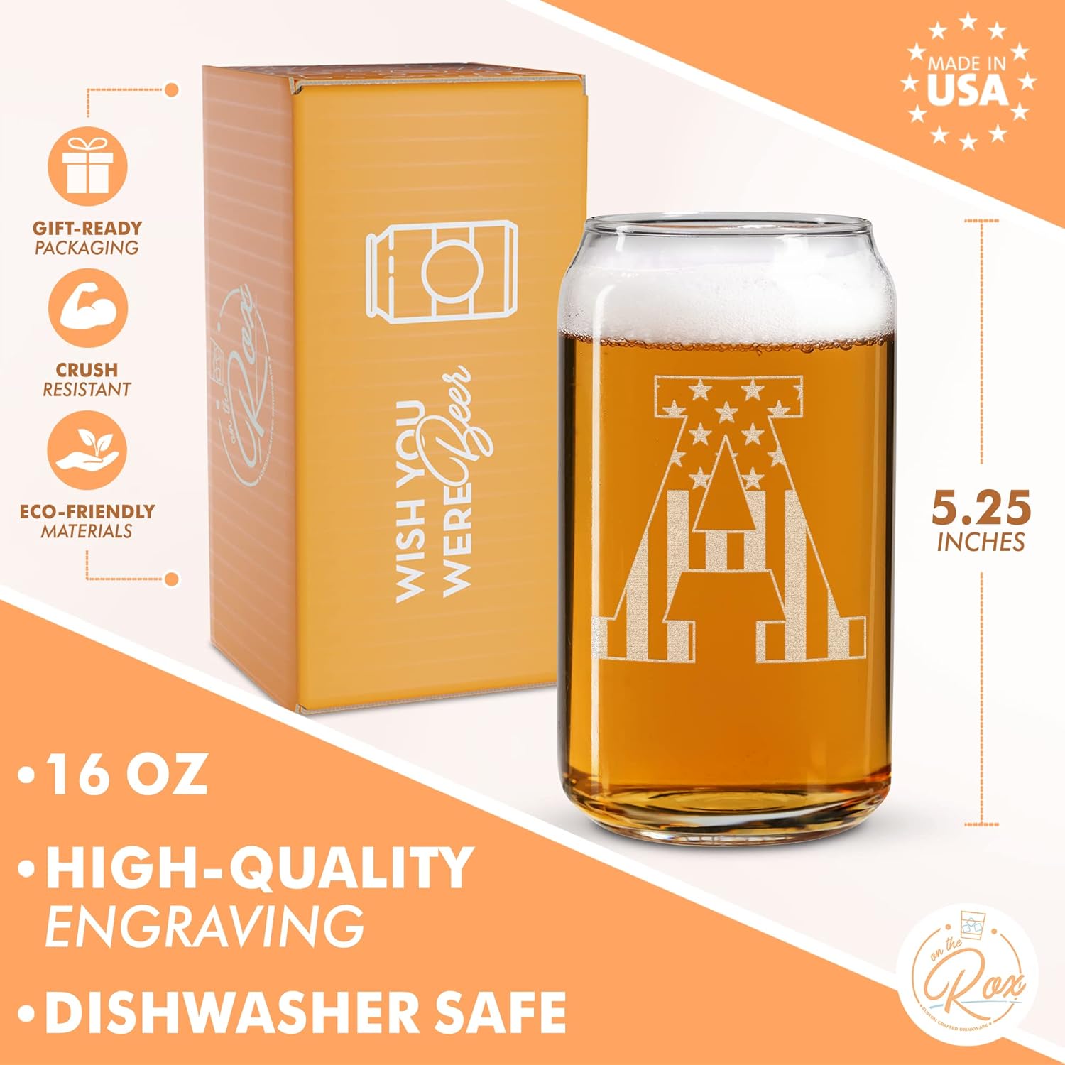 Vaso en forma de lata de cerveza con monograma grabado – bandera de EE.UU.