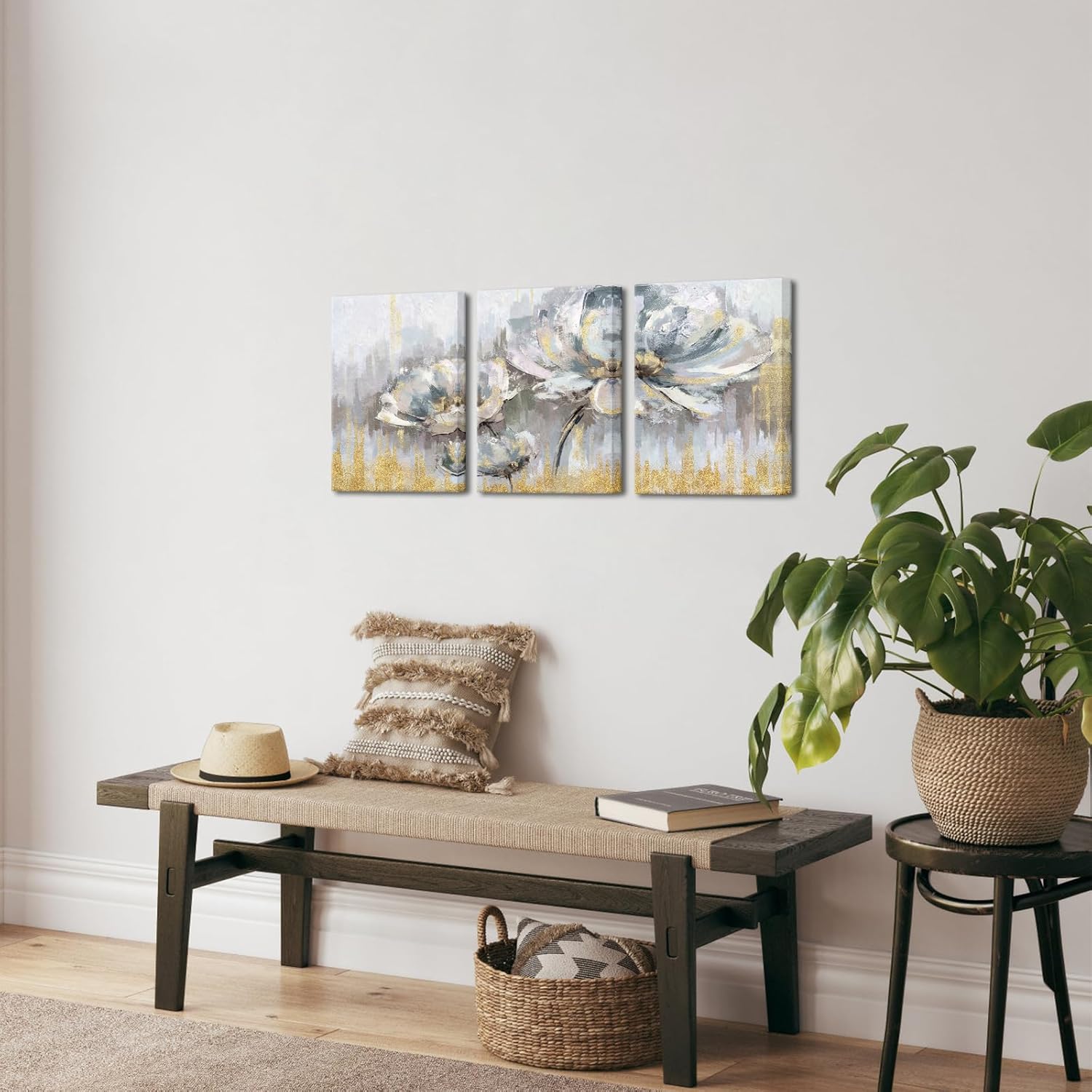 Biuteawal 3 piezas de flores blancas y grises, decoración floral floreciente con pintura dorada, arte de pared, arte abstracto moderno, arte de