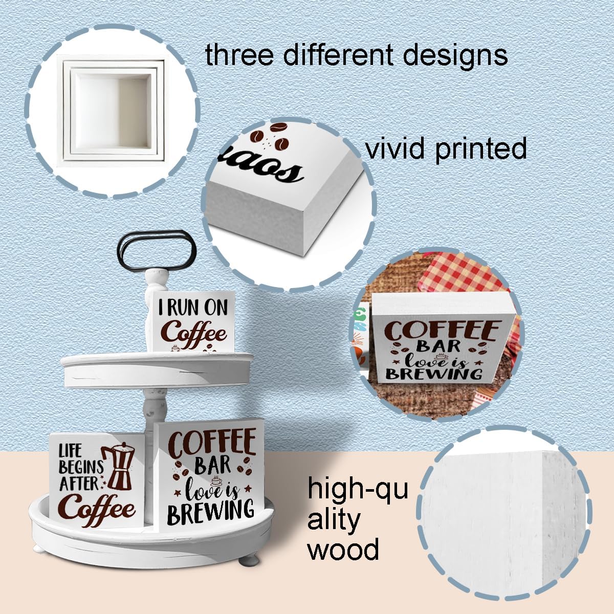 Letreros de caja de madera de café, 3 piezas con tema de café, bandeja escalonada, letreros de madera, decoración de bloque de madera, centro de