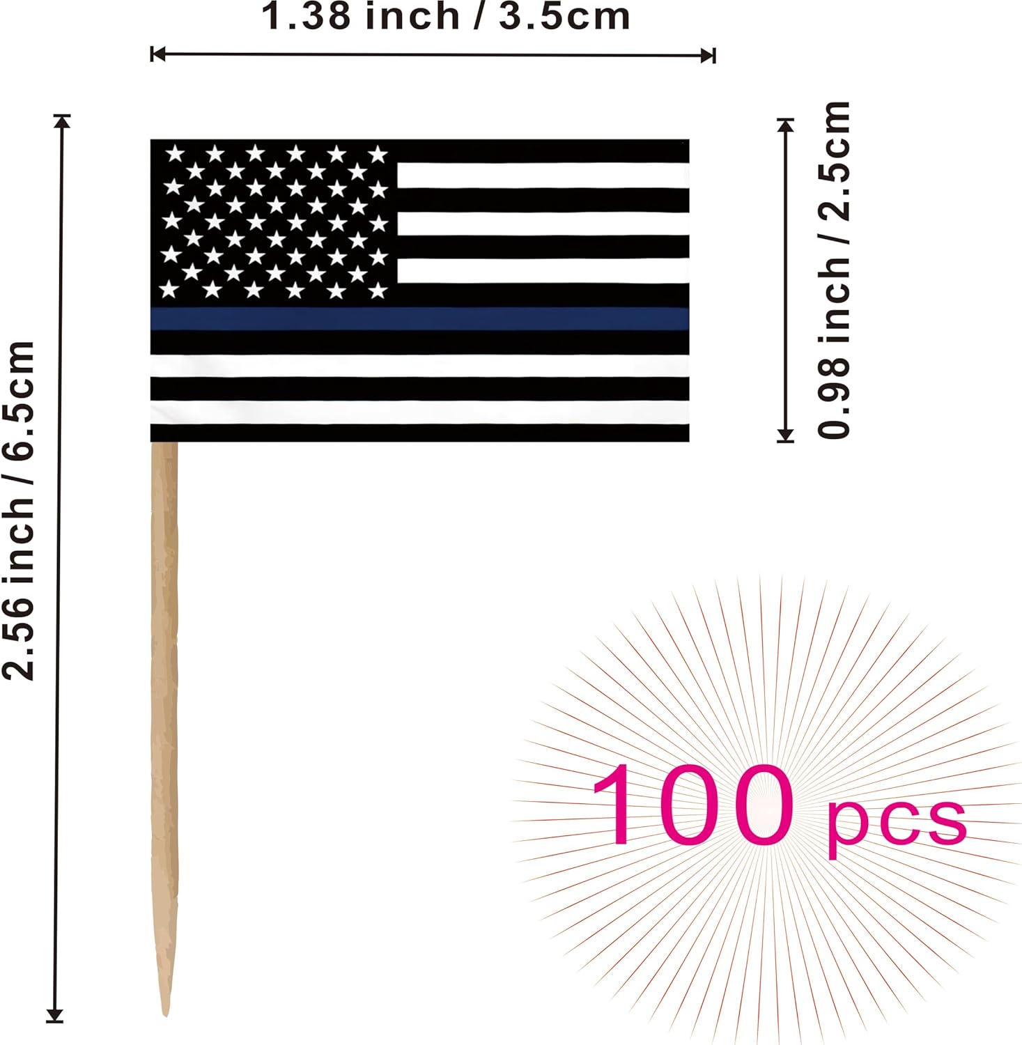 Bandera fina de línea azul con palillo de dientes de la policía estadounidense, honrando a los oficiales de aplicación de la ley, pequeños adornos