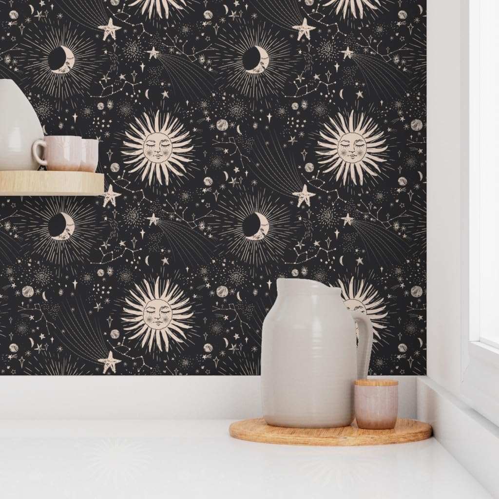 Spoonflower Papel tapiz para despegar y pegar – Boho Astronomía Celestial Astrología Negro Beige Bohemio Femenino Papel pintado extraíble