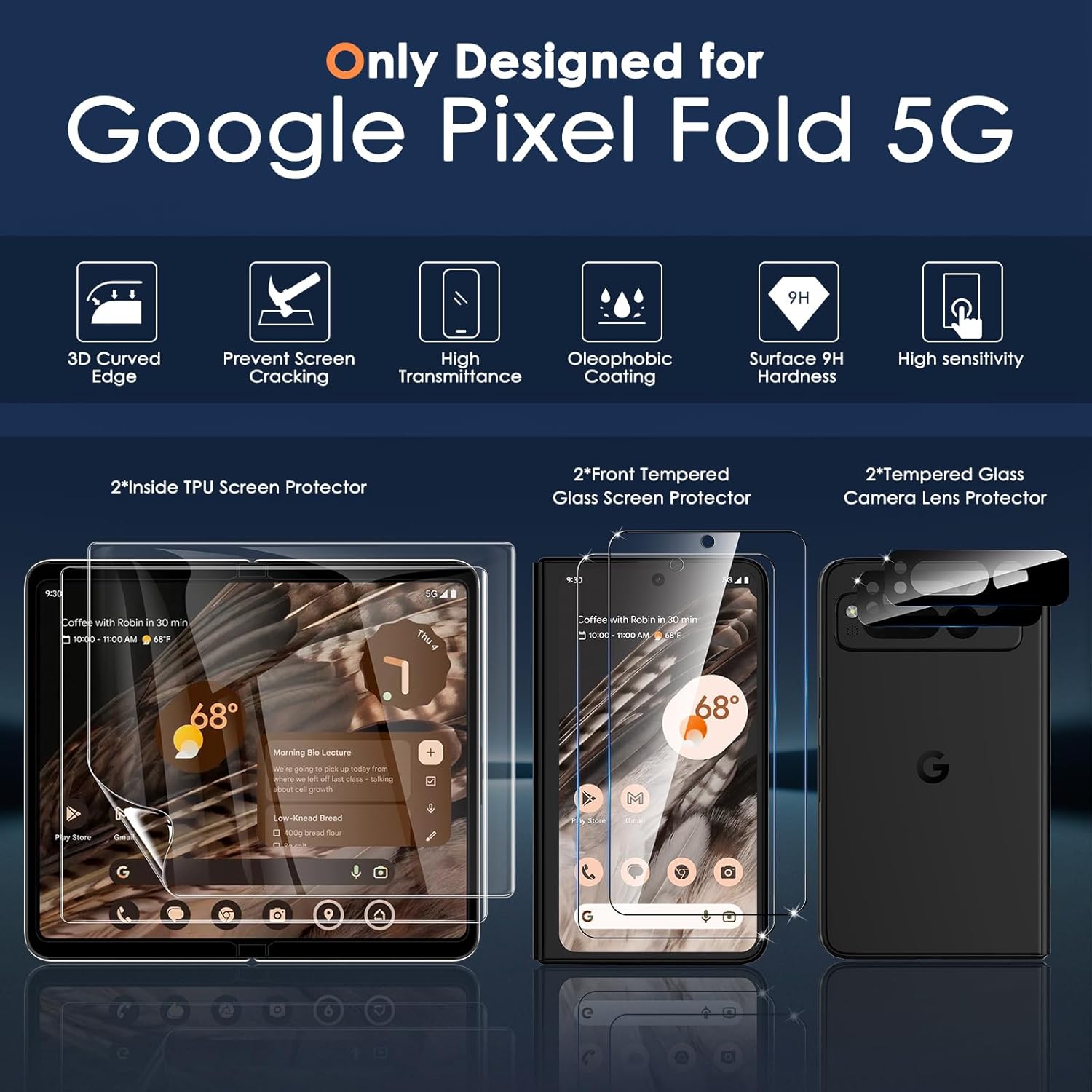 Paquete de 6 protectores de pantalla para Google Pixel Fold 5G, protector de pantalla frontal de vidrio templado + protector de pantalla interior de