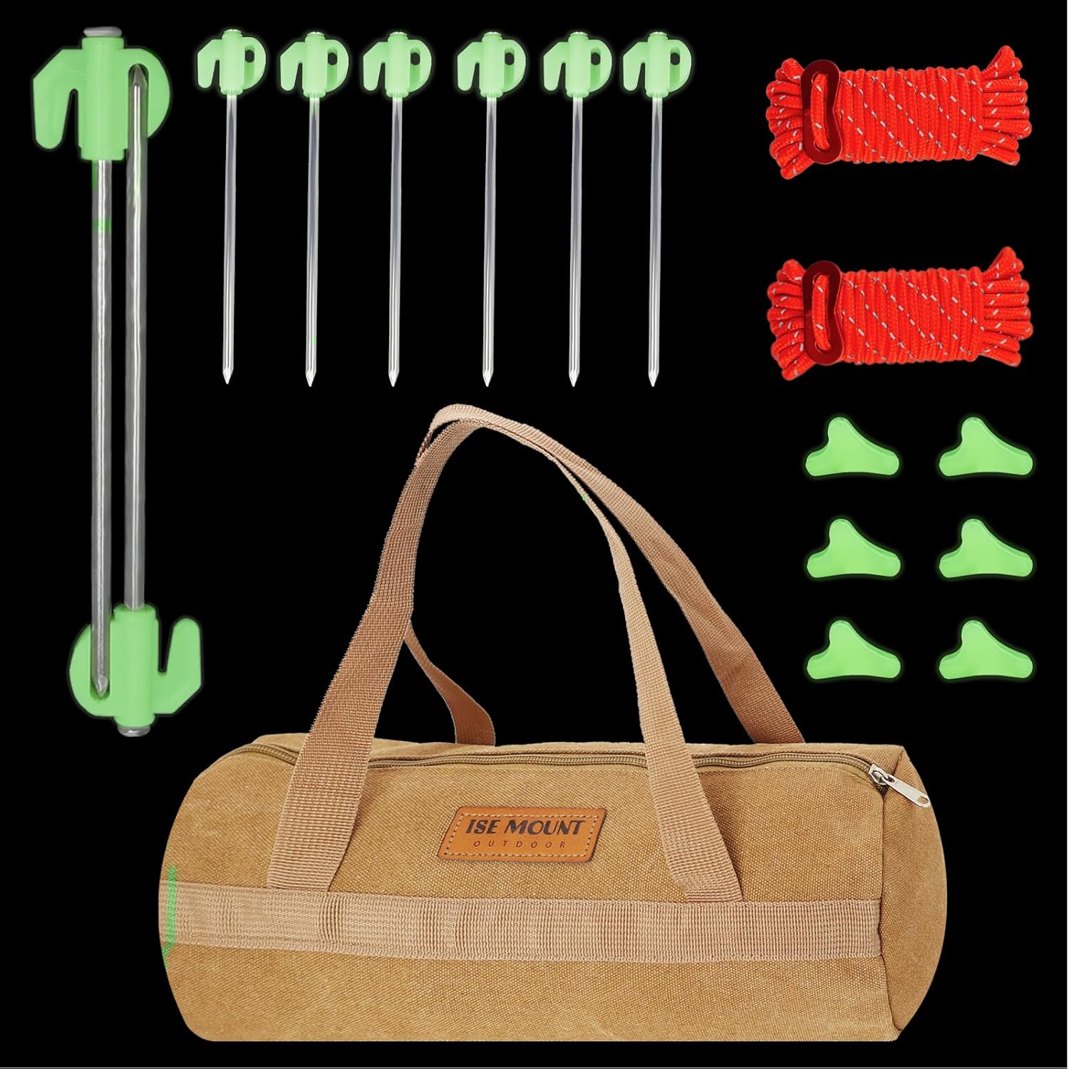 Estacas de tienda que brillan en la oscuridad, 17 accesorios de campamento, incluye estacas de tienda de campaña resistentes de 7.7 pulgadas, bolsa