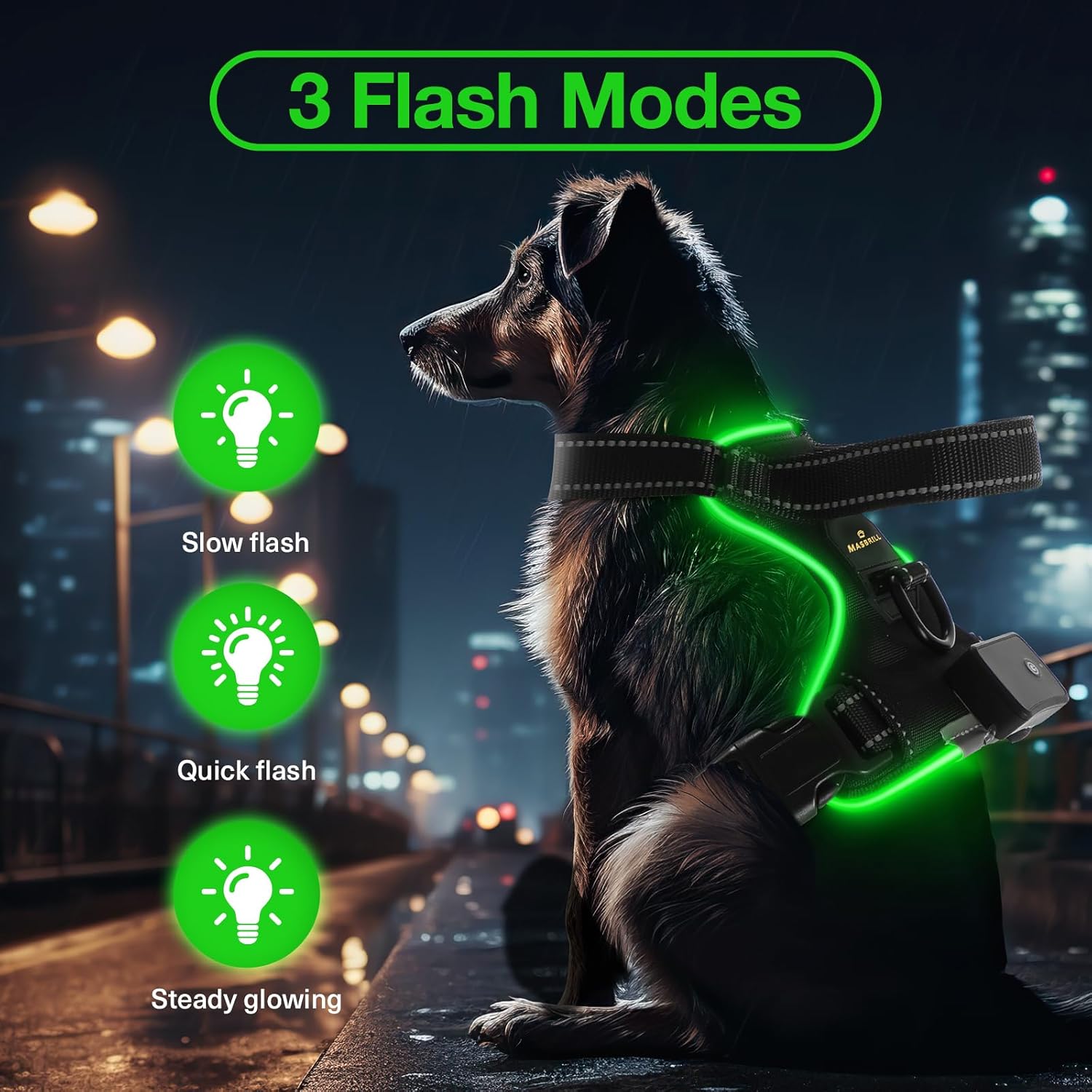 MASBRILL Arnés para perro con luz LED, sin tirones, arnés recargable con luz para perro para caminar por la noche, chaleco ajustable brillante para