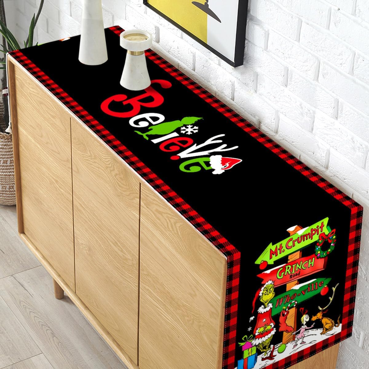 Camino de mesa Grinchmas Feliz Navidad, vacaciones de invierno, fiesta temática, cocina, comedor, decoración del hogar (negro y rojo, 13 x 108