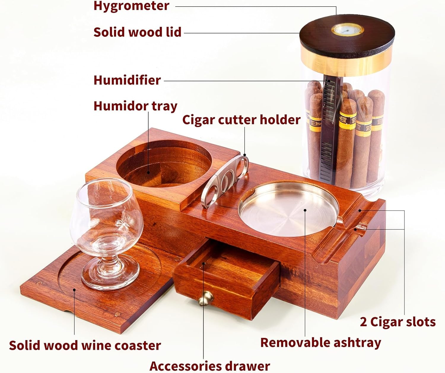 KING’S PALACE Humidor de cigarros y cenicero de cigarros con posavasos, humidificador, higrómetro, cortador de puros, cajón con anillos de tracción,