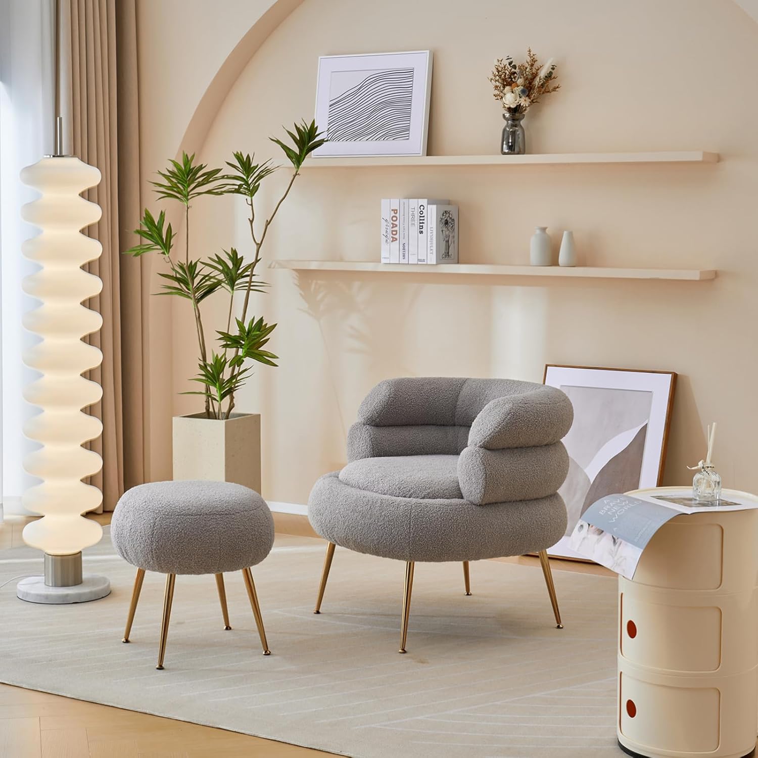 Modern Accent Chair with Ottoman,Teddy Fleece Velvet Comfy Reading Chair Leisure Armchairs Lounge Single Sofa Couch for Small Space, Apartment,