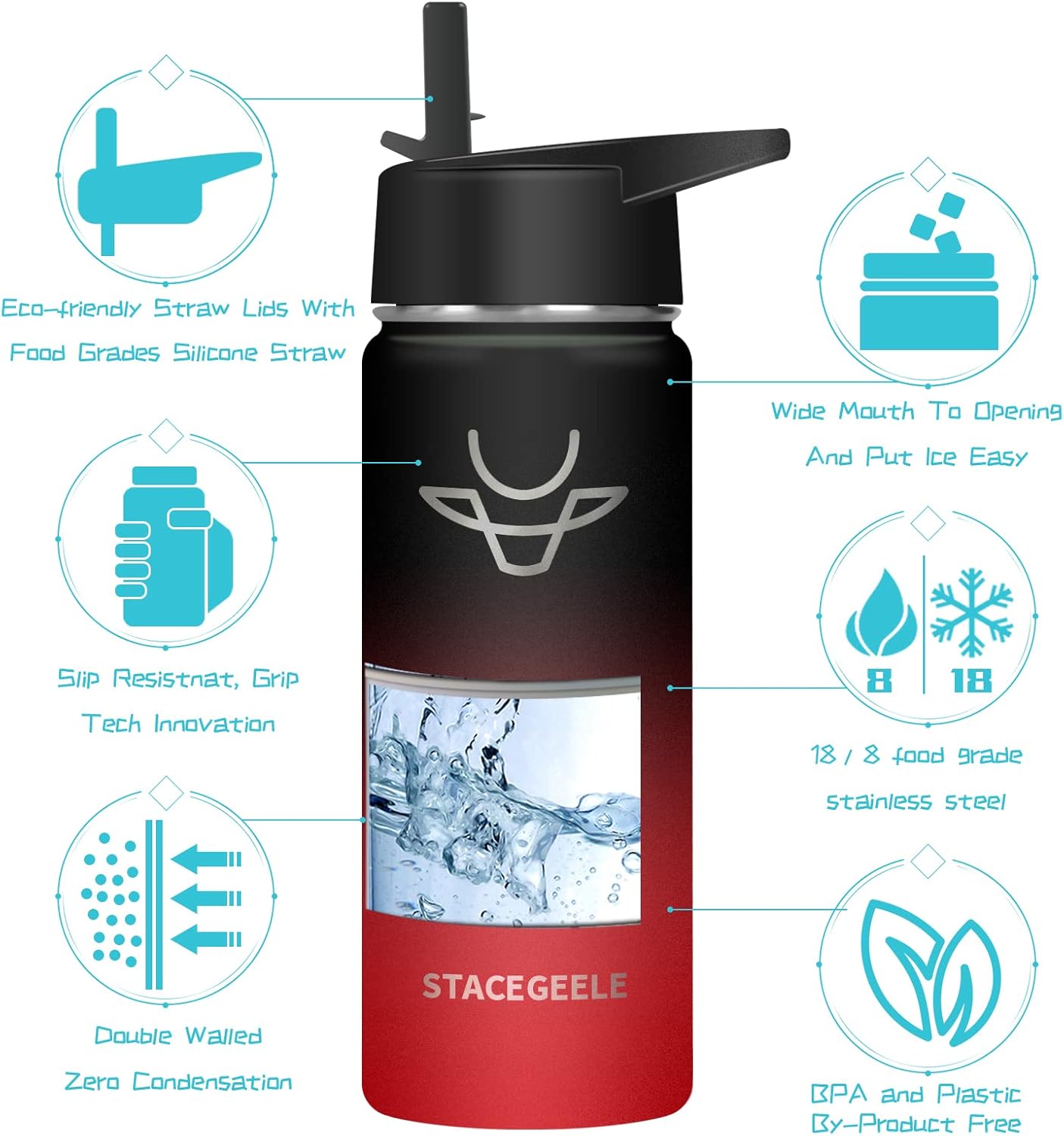 STACEGEELE Botella de agua aislada al vacío para niños con tapa de pajilla, termo de acero inoxidable para niños y niñas, a prueba de fugas, ligera,