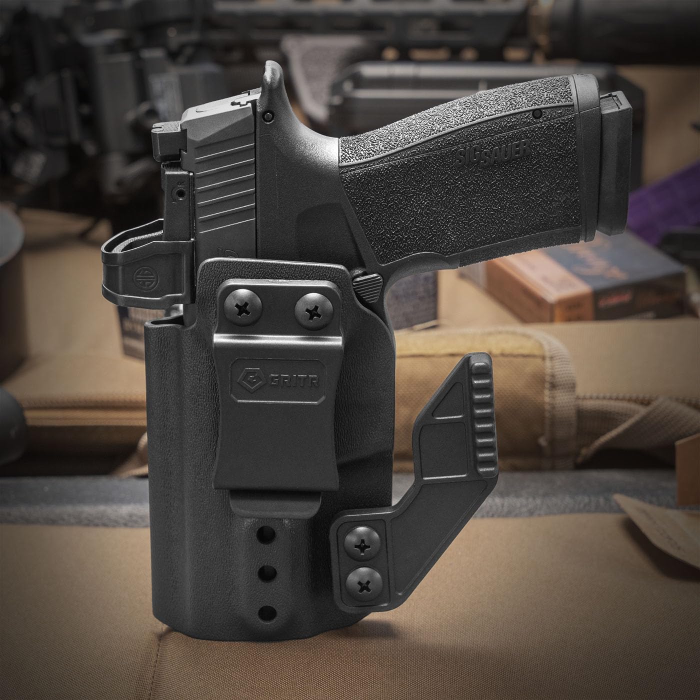 GRITR IWB Kydex – Funda para pistola Sig Sauer P365-XMACRO para mano derechaizquierda, corte óptico, garra de ocultación, parte inferior abierta,