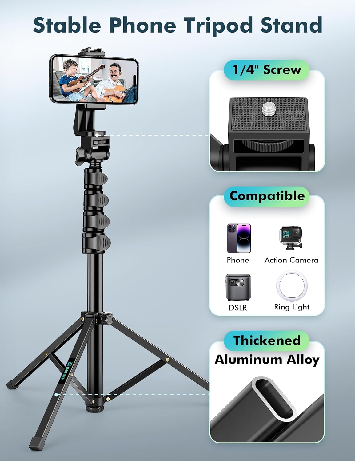 Trípode para teléfono, trípode de 70 pulgadas para iPhone celular, soporte de trípode para selfie stick con soporte remoto para teléfono, trípode de