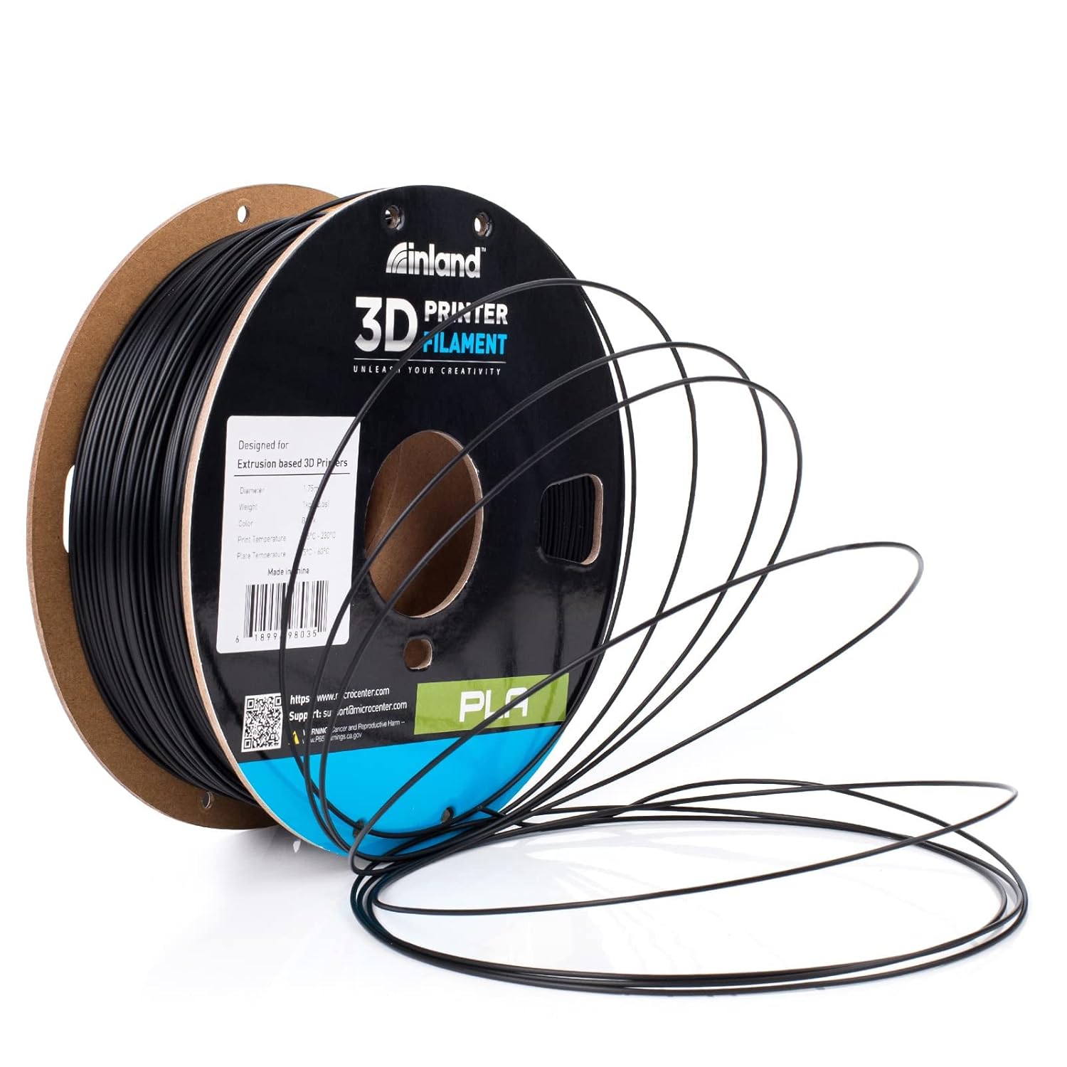 Inalnd – Filamento de PLA para impresora 3D, carrete de 2.2 libras (1 kg), Negro