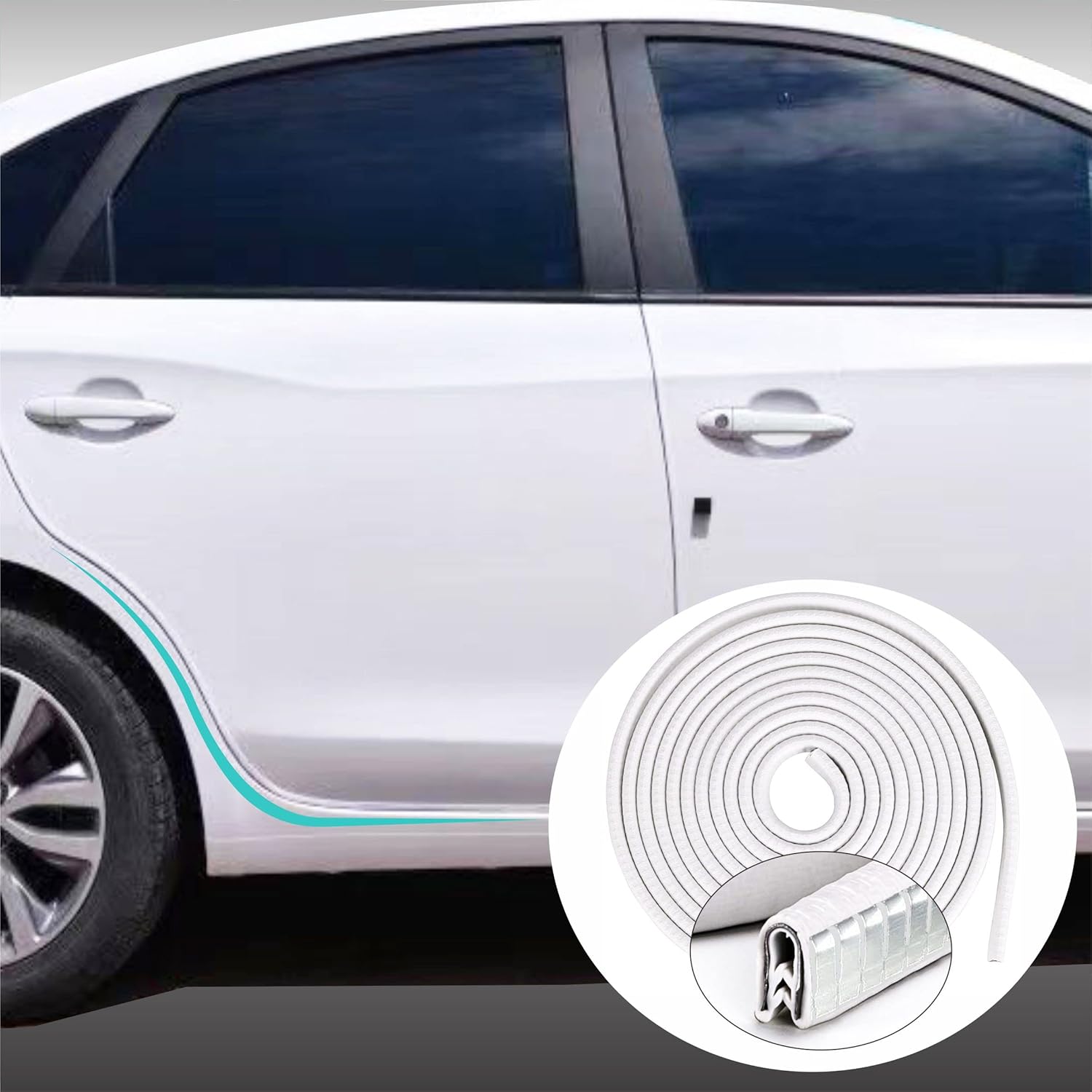 Shine & Bright Auto Protector de borde de puerta de automóvil blanco de 32 pies con forma de U, tira de ribete con material de PVC y clips de metal,