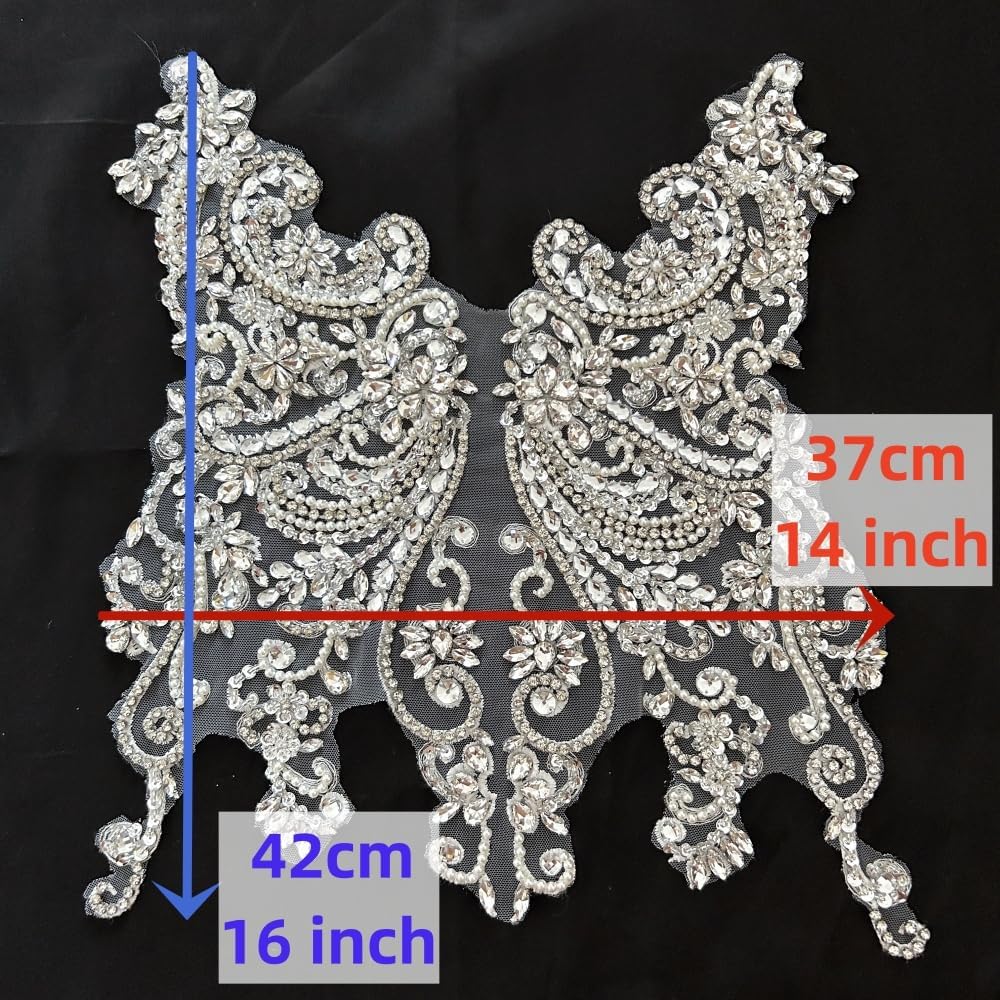 Apliques de encaje hechos a mano con diamantes de imitación para coser en cuentas de vidrio, accesorios para ropa de vestir (blanco)