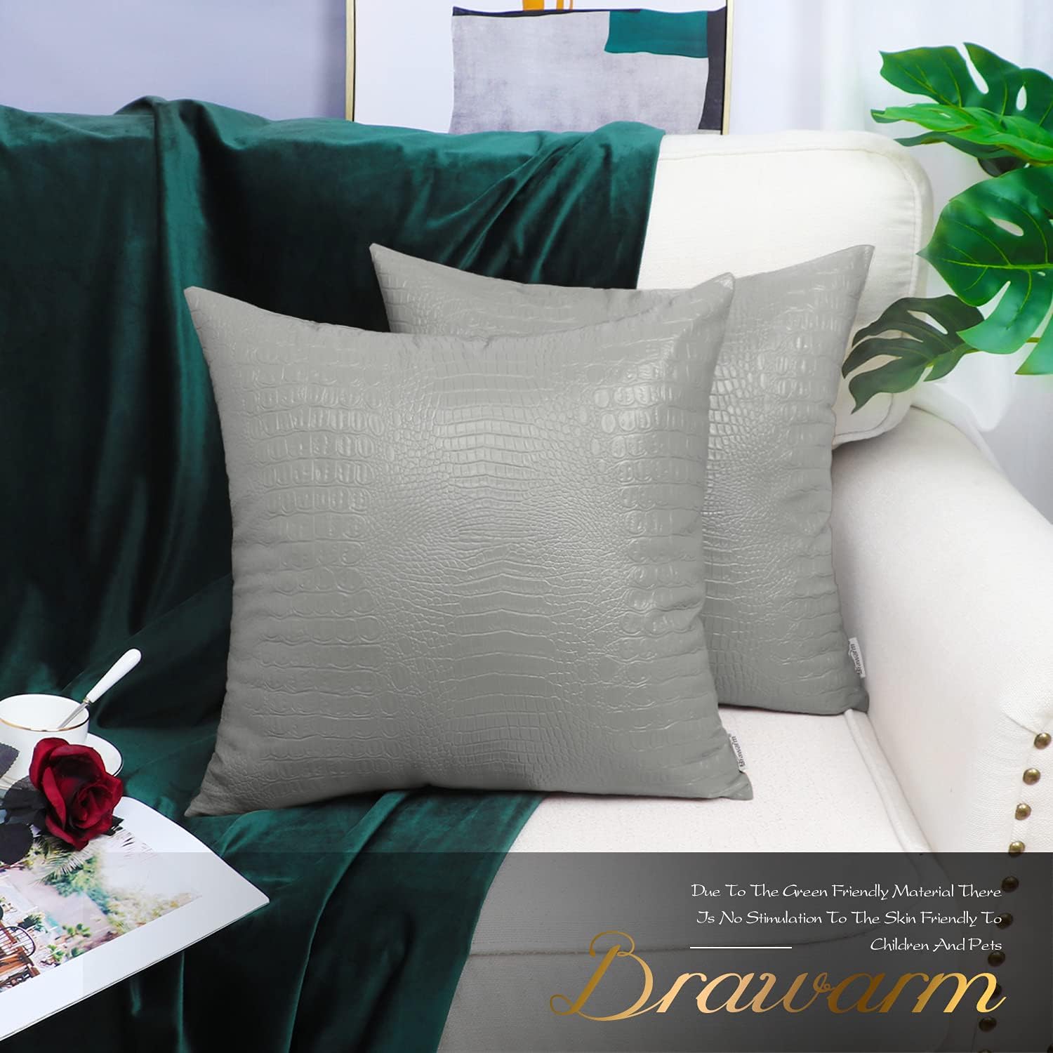 Juego de 2 fundas de almohada BRAWARM para sofá, decoración del hogar, color liso y suave de piel sintética de cocodrilo en ambos lados.