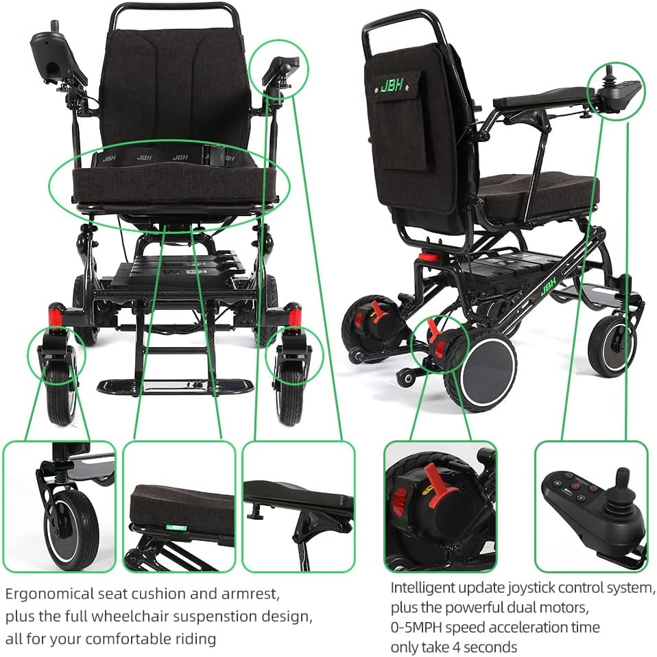JBH Sillas de ruedas plegables de fibra de carbono súper ligeras de 39 libras, Silla de ruedas motorizada compacta, Silla de ruedas plegable