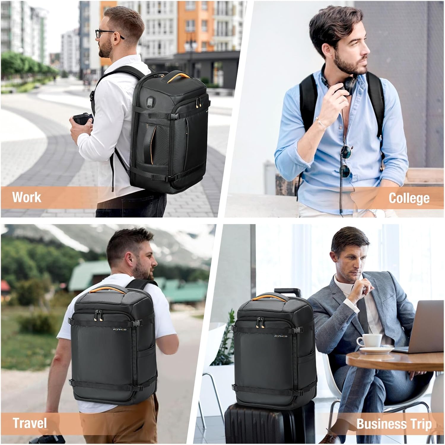 Ponhog Mochila de viaje para computadora portátil para vuelo, aprobada para hombre, con puerto de carga USB, mochilas de negocios de 15.6 pulgadas