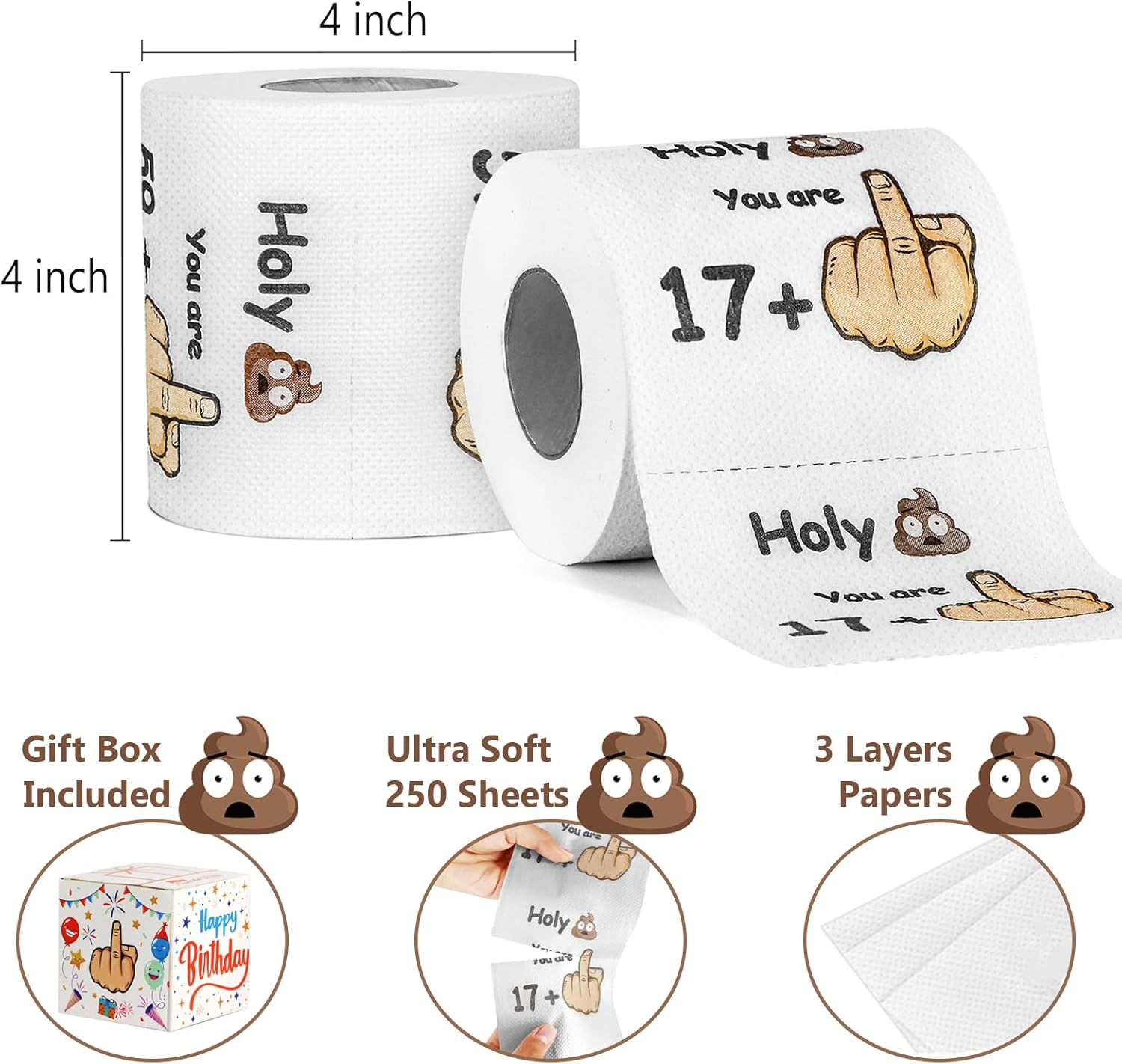 Rollo de papel higiénico de 250 hojas de 3 capas, divertidos regalos de cumpleaños de 18 años para hombres y mujeres, papel higiénico de broma,