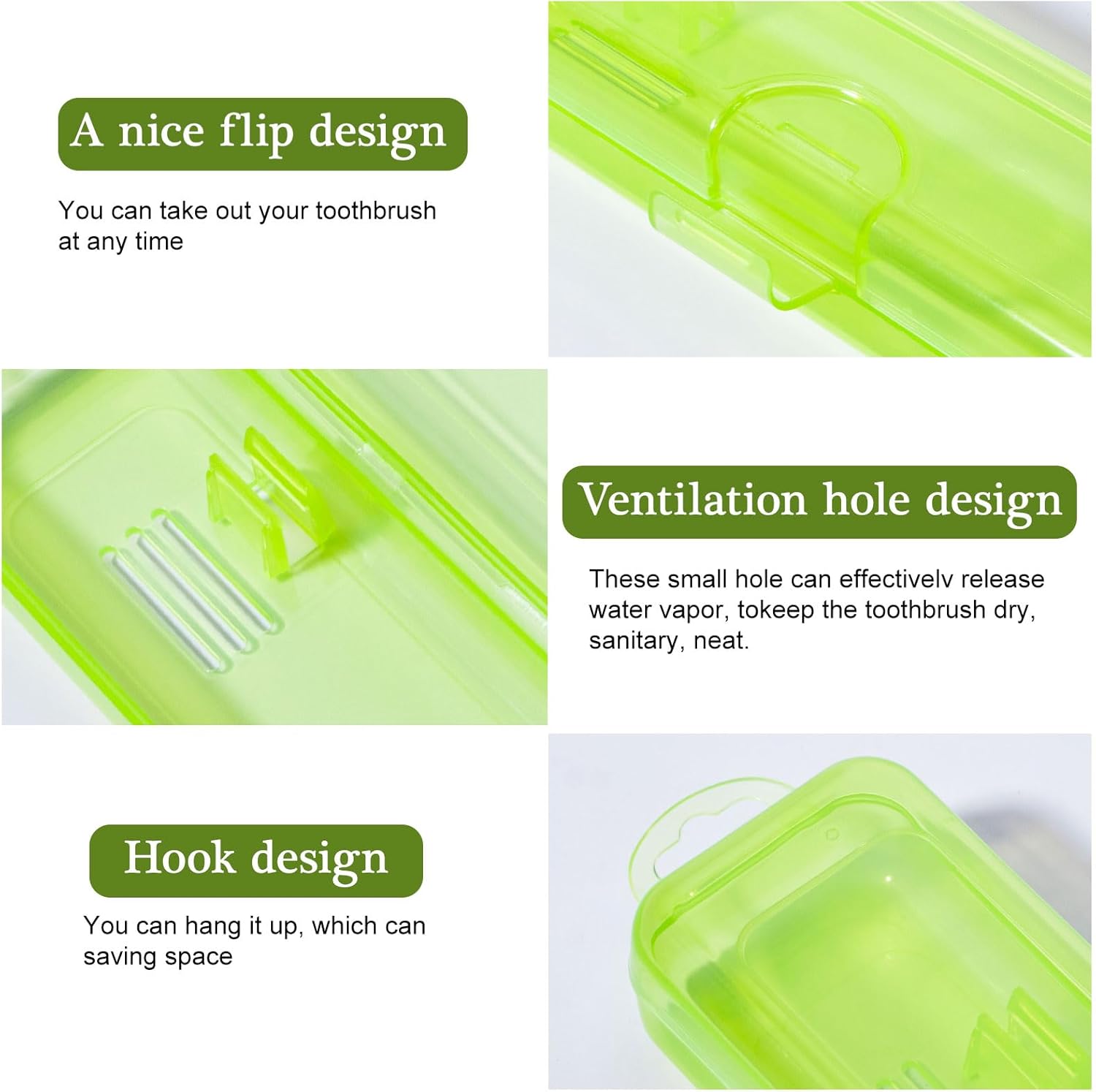 Paquete de 2 fundas para cepillos de dientes, estuche de viaje para cepillos de dientes verde transparente, tamaño de viaje, soporte de plástico