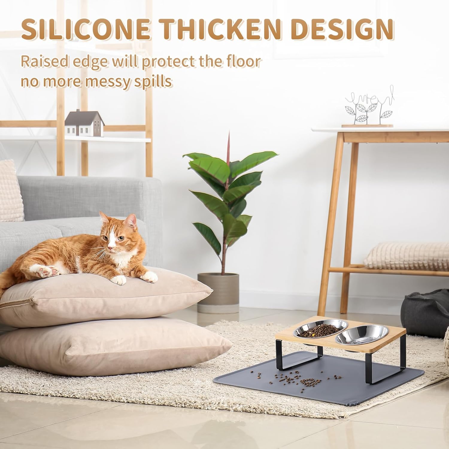 Cuencos elevados mejorados para gatos con tapete para alimentos, soporte inclinado de 15 , platos elevados para gatos y agua, 2 cuencos de acero