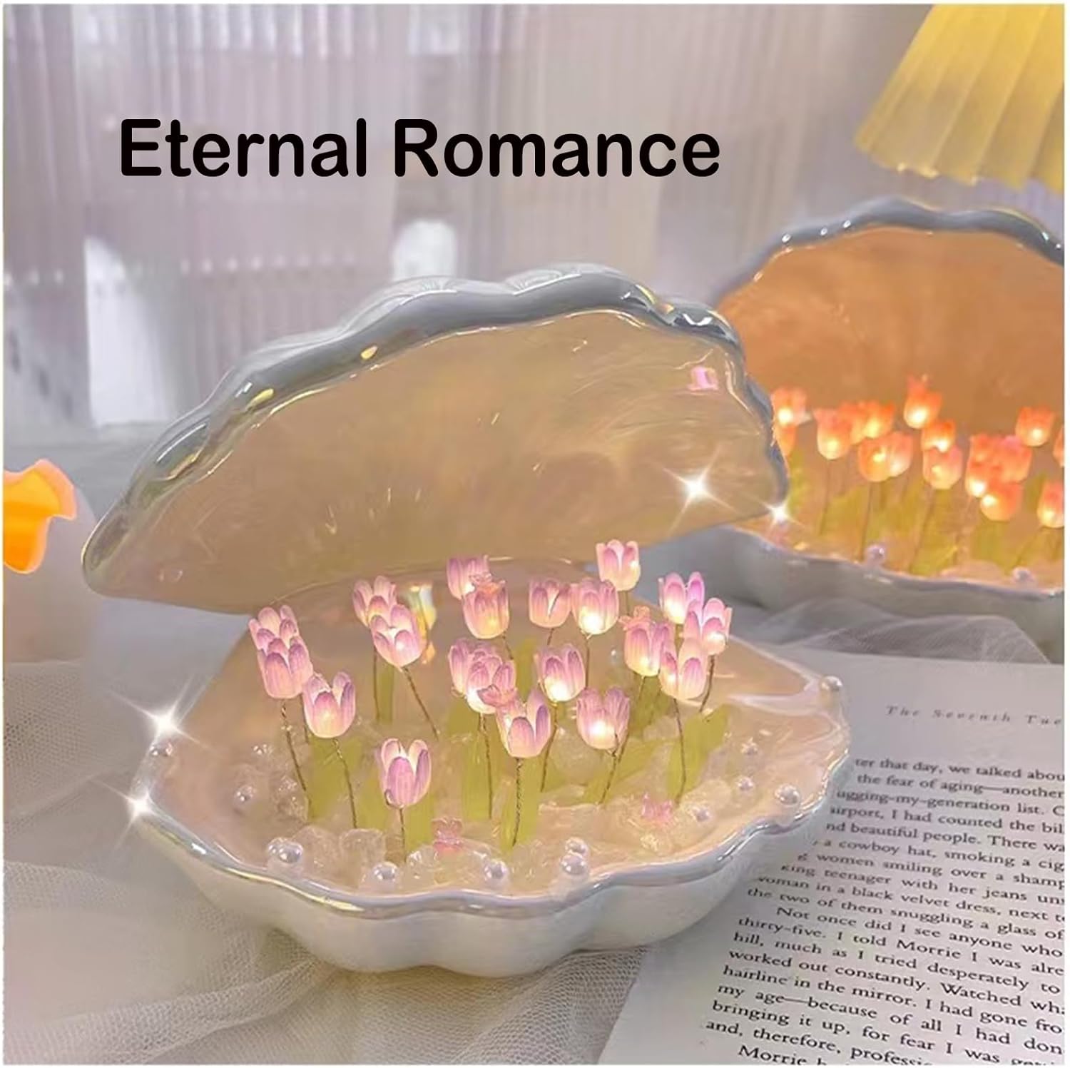 Luz nocturna de tulipán, lámpara de mesa de concha de 20 flores, 2 en 1, LED portátil hecha a mano, decoración de dormitorio, regalo creativo para