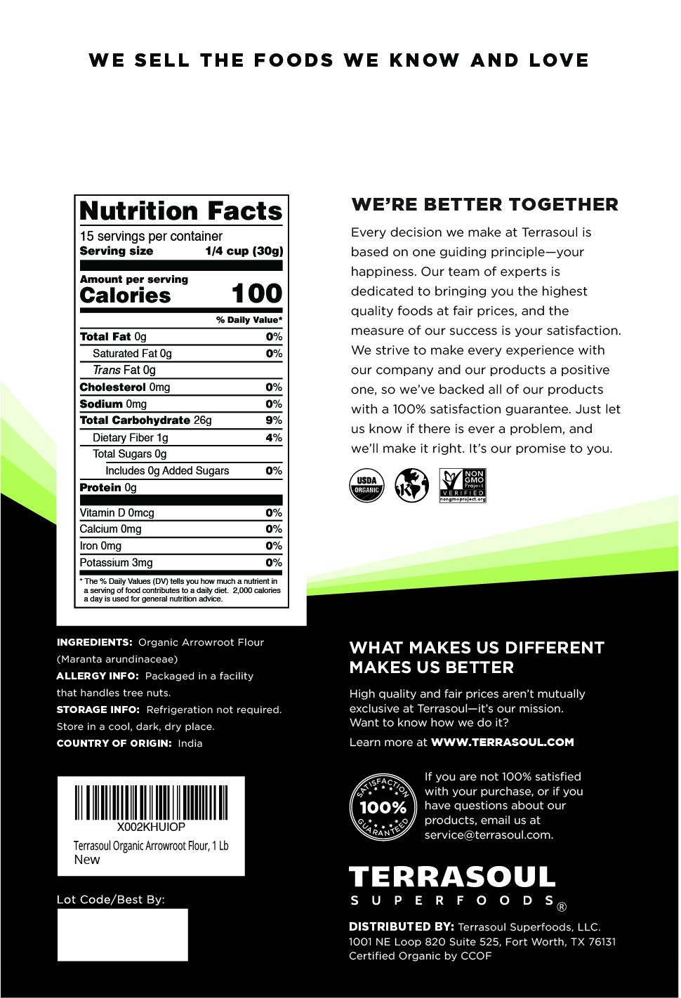 Terrasoul Superfoods Harina de arrurruz orgánica, 2 libras (paquete de 2)