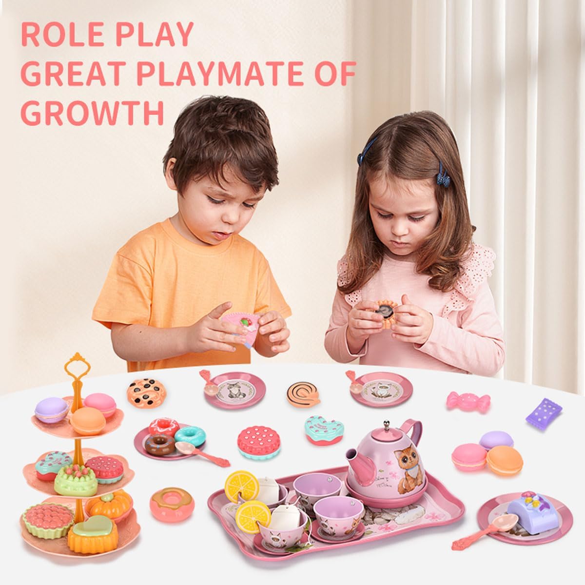 Flormoon Juego de té para niña, juego de té de princesa de 50 piezas, juguete de cocina de simulación, juguete de aprendizaje de formas y colores