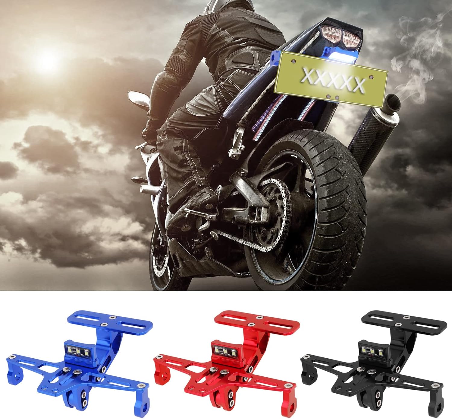 Soporte de placa de matrícula de motocicleta, kit de eliminador de guardabarros ajustable universal, soporte de aluminio CNC con luz LED (negro)